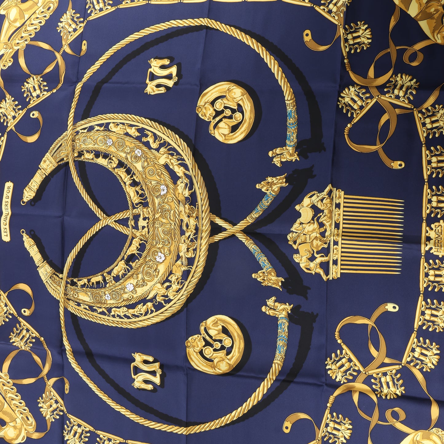 Hermès Carré 90 "LES CAVALIERS D'OR" 100% Silk Scarf in Navy Blue