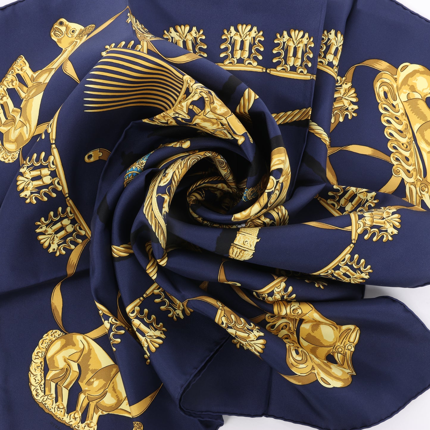 Hermès Carré 90 "LES CAVALIERS D'OR" 100% Silk Scarf in Navy Blue