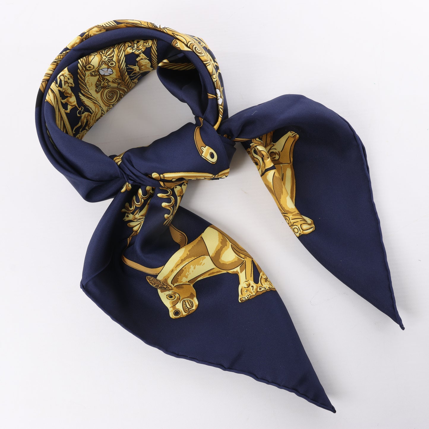 Hermès Carré 90 "LES CAVALIERS D'OR" 100% Silk Scarf in Navy Blue