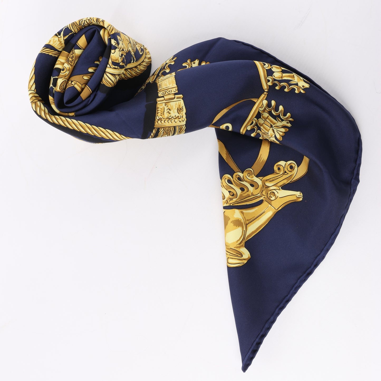 Hermès Carré 90 "LES CAVALIERS D'OR" 100% Silk Scarf in Navy Blue