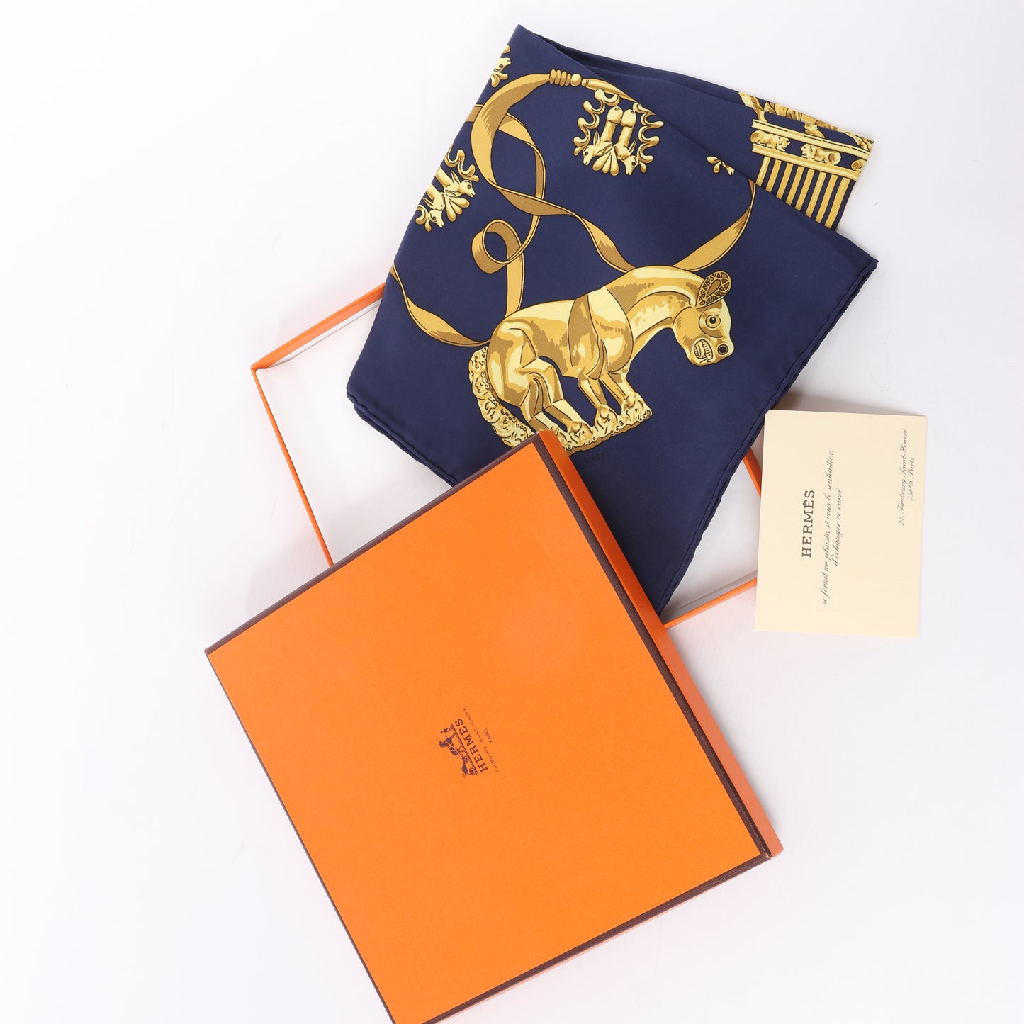 Hermès Carré 90 "LES CAVALIERS D'OR" 100% Silk Scarf in Navy Blue
