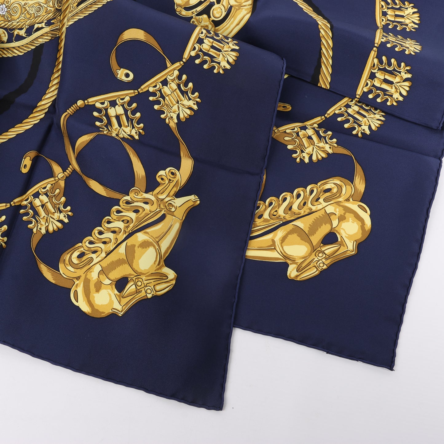 Hermès Carré 90 "LES CAVALIERS D'OR" 100% Silk Scarf in Navy Blue