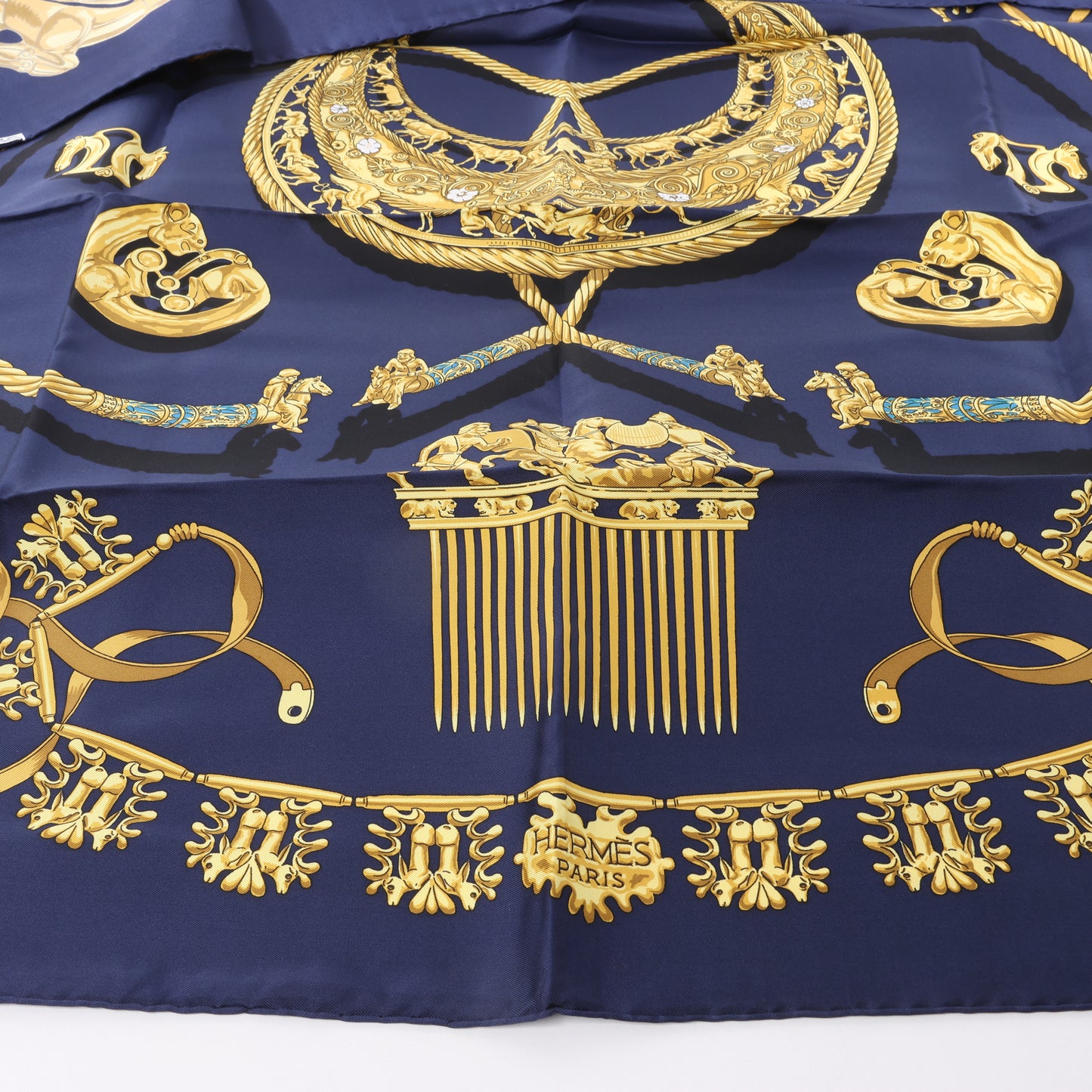 Hermès Carré 90 "LES CAVALIERS D'OR" 100% Silk Scarf in Navy Blue