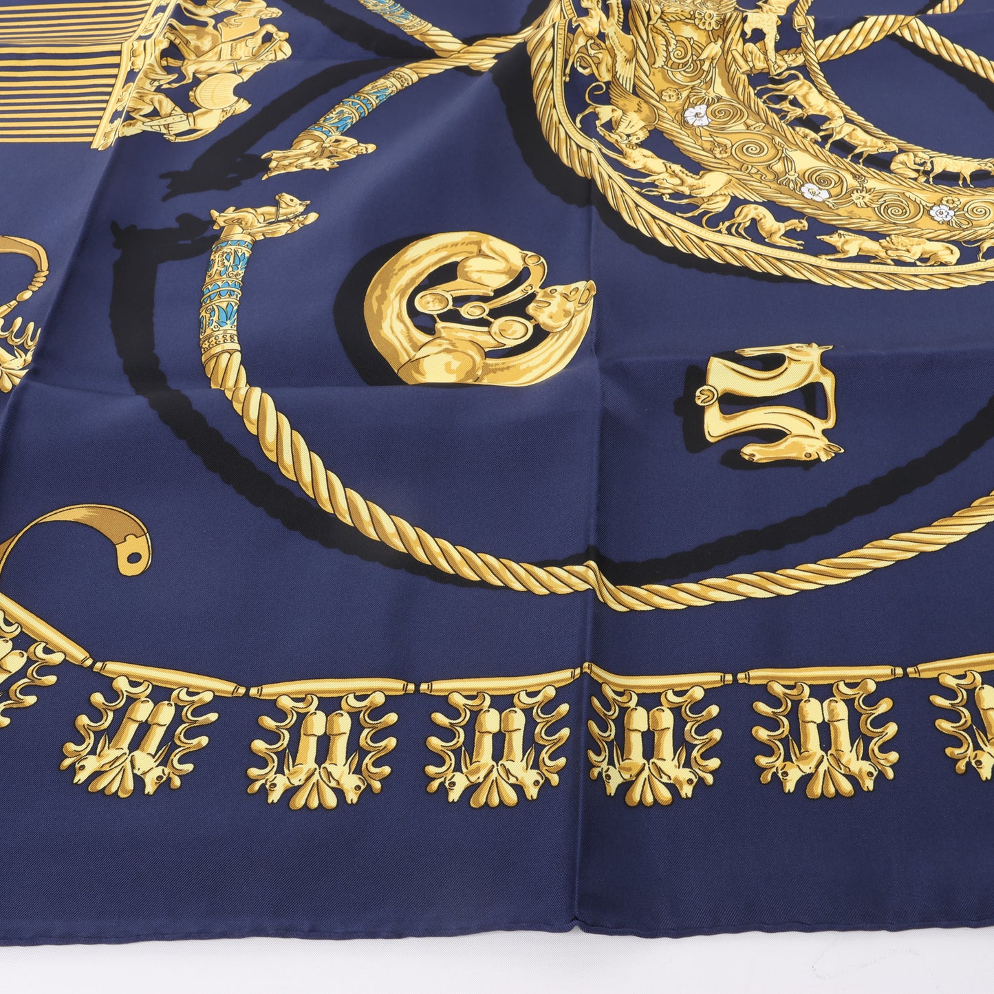 Hermès Carré 90 "LES CAVALIERS D'OR" 100% Silk Scarf in Navy Blue