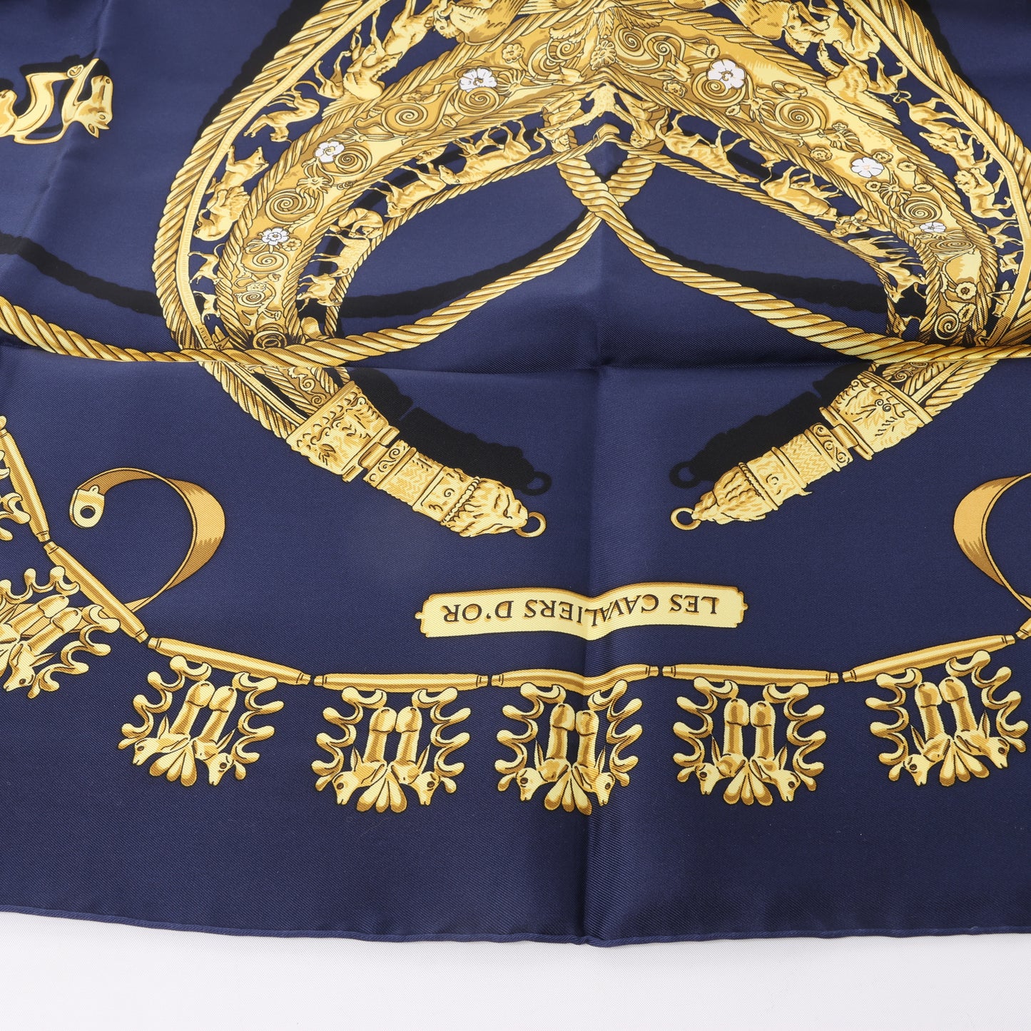 Hermès Carré 90 "LES CAVALIERS D'OR" 100% Silk Scarf in Navy Blue