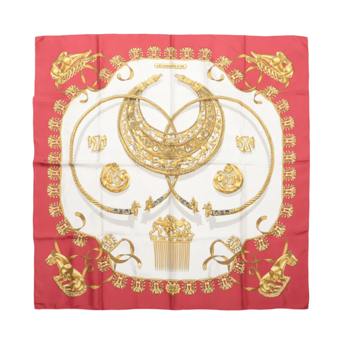 Hermès Carré 90 "LES CAVALIERS D'OR" Foulard 100% Soie en Rouge