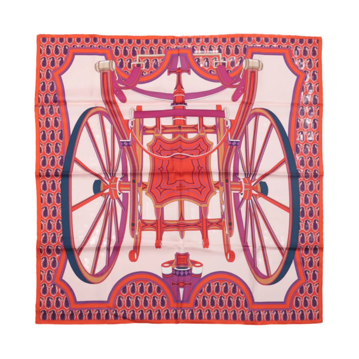 Hermès Carré 90 "LES ROUES DE PHAETON" 100% Silk Scarf in Orange x Pink