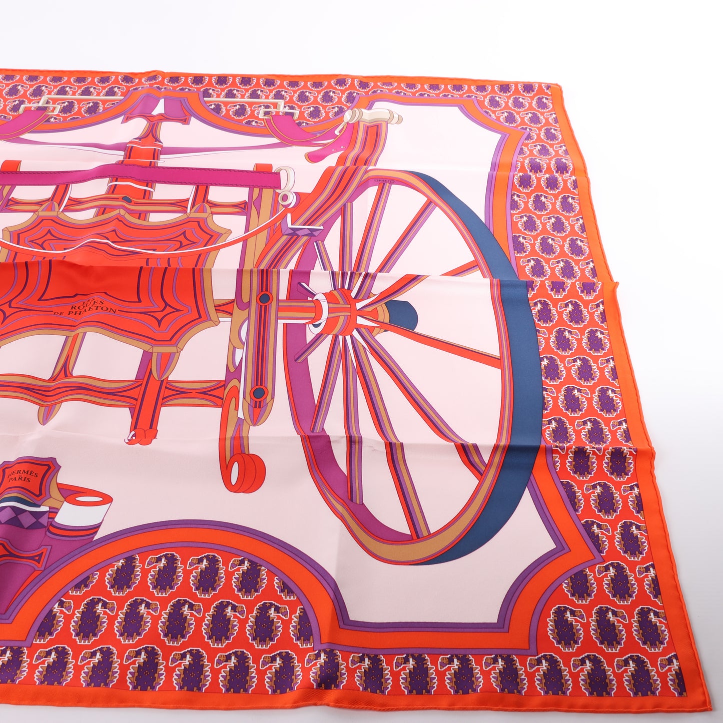 Hermès Carré 90 "LES ROUES DE PHAETON" 100% Silk Scarf in Orange x Pink
