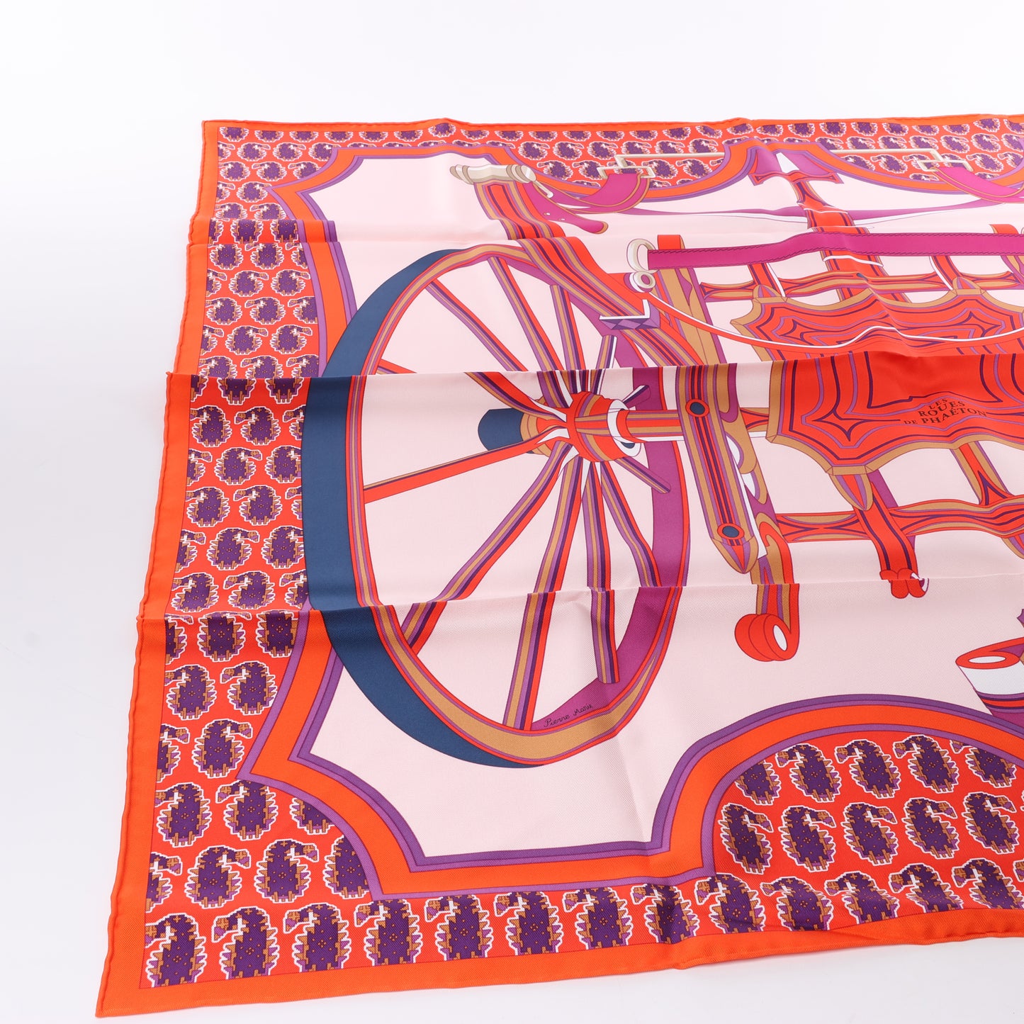 Hermès Carré 90 "LES ROUES DE PHAETON" 100% Silk Scarf in Orange x Pink