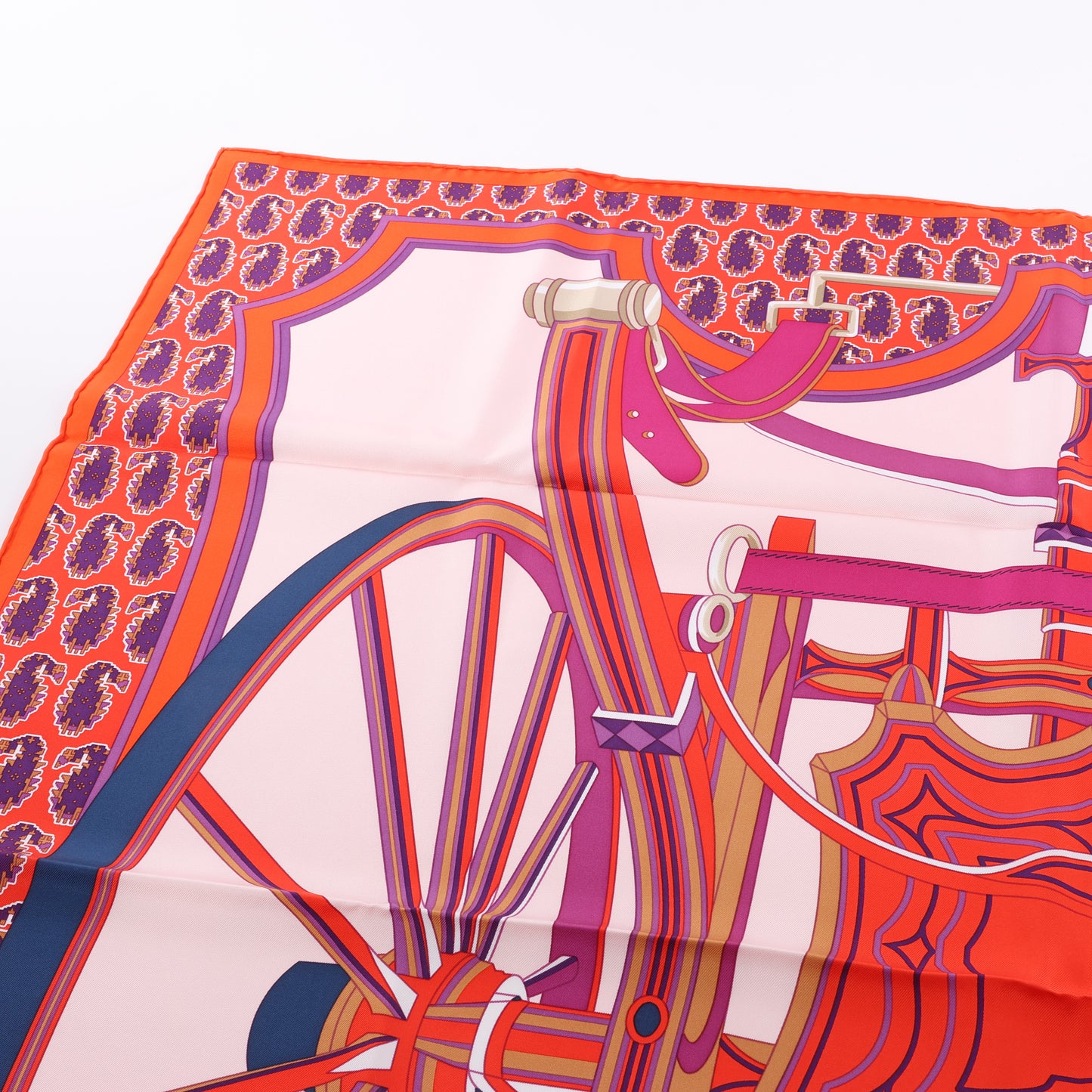 Hermès Carré 90 "LES ROUES DE PHAETON" 100% Silk Scarf in Orange x Pink