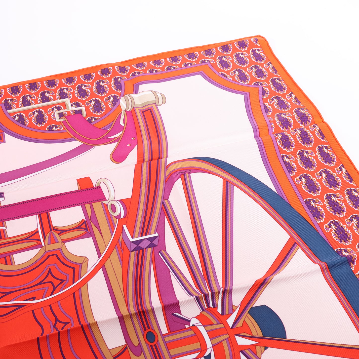 Hermès Carré 90 "LES ROUES DE PHAETON" 100% Silk Scarf in Orange x Pink