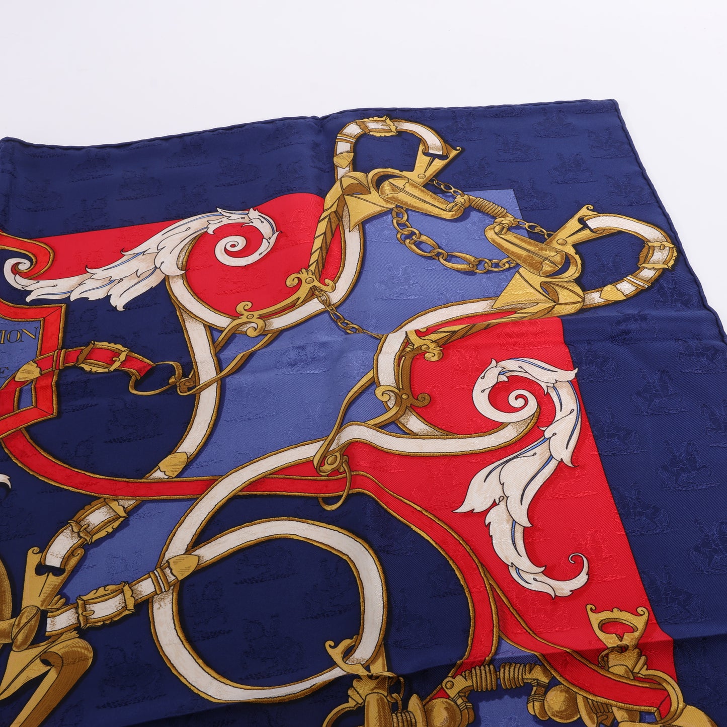 Hermès Carré 90 " L’INSTRVCTION DV ROY" 100% Silk Scarf in Navy x Red