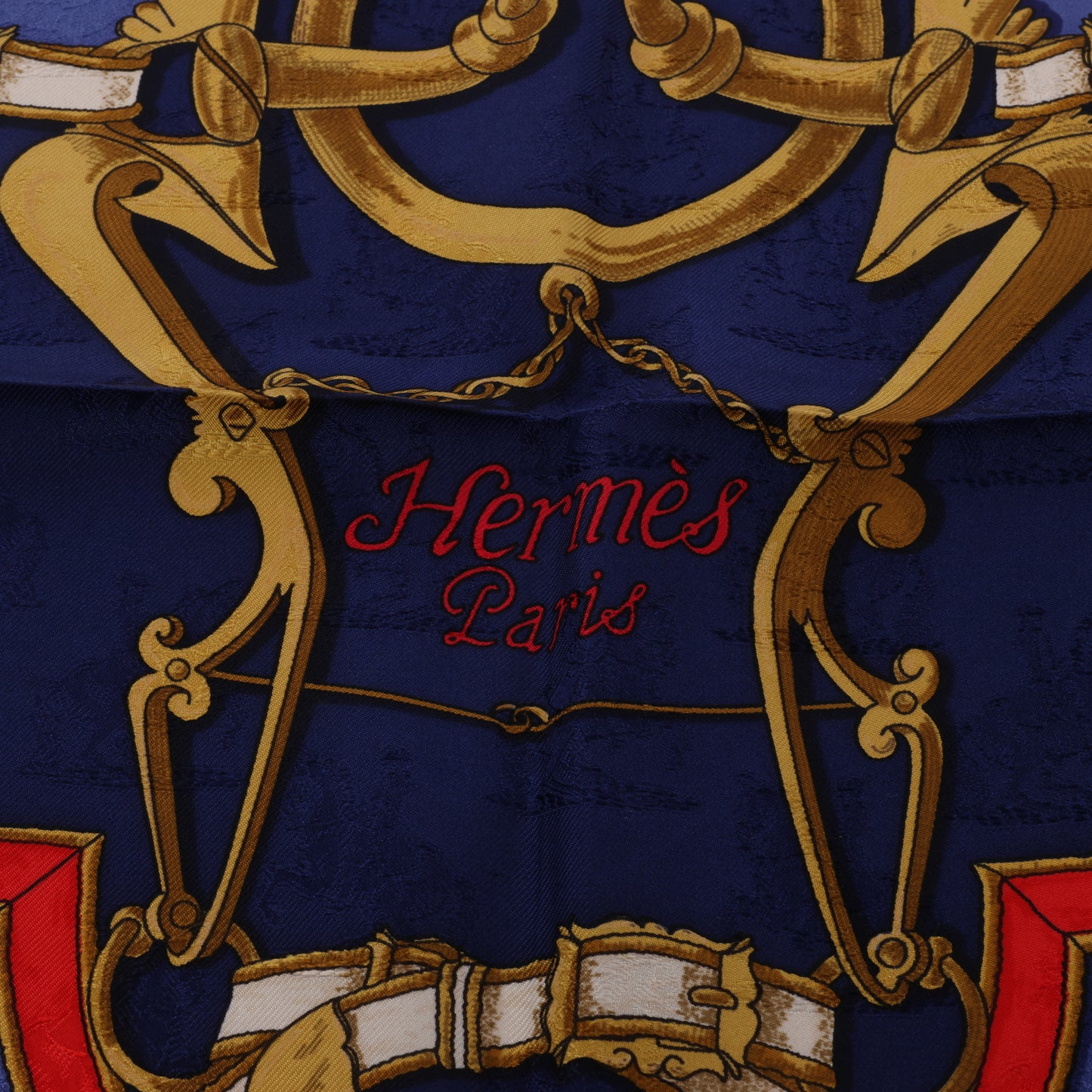Hermès Carré 90 " L’INSTRVCTION DV ROY" 100% Silk Scarf in Navy x Red