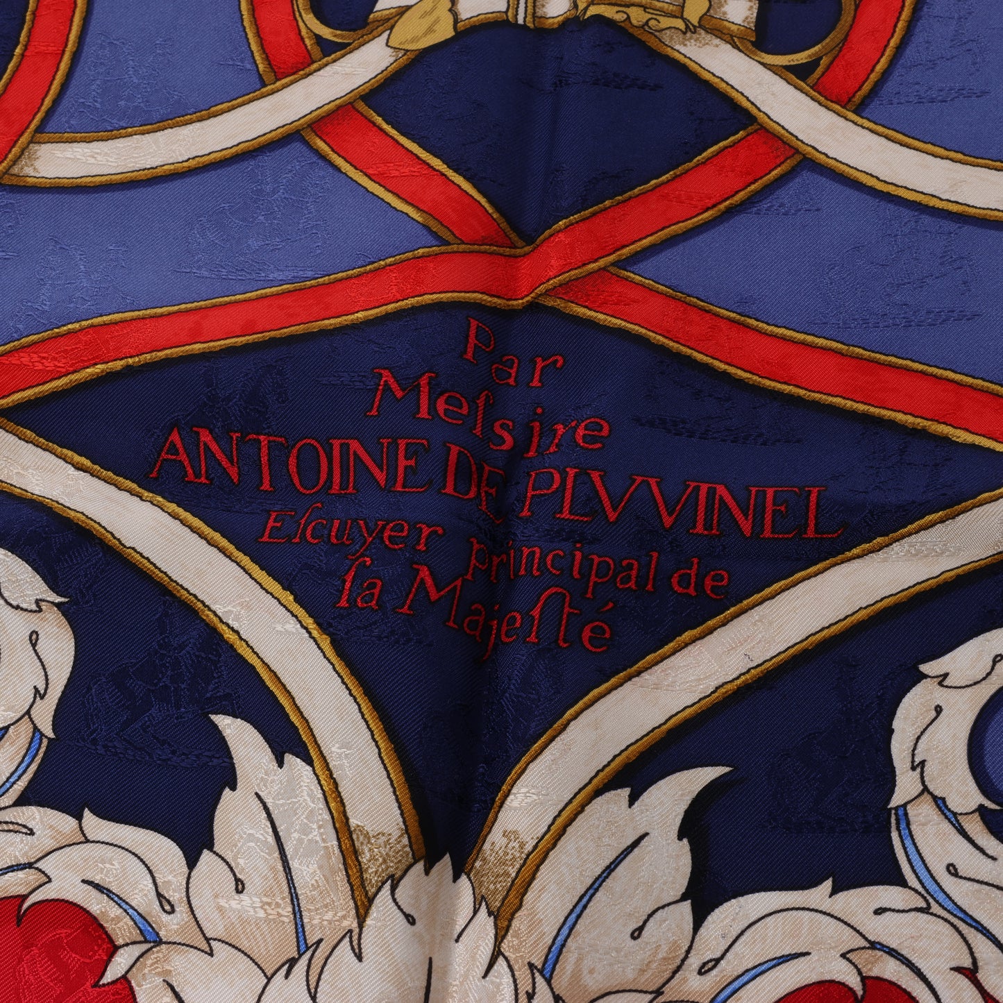 Hermès Carré 90 " L’INSTRVCTION DV ROY" 100% Silk Scarf in Navy x Red