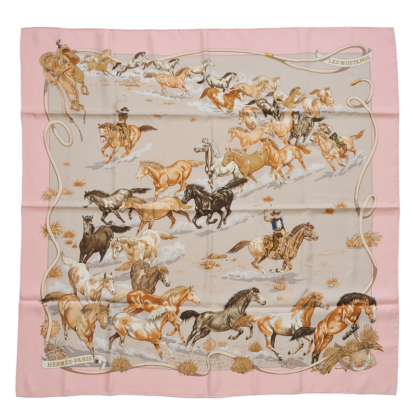 Hermès Carré 90 "Les Mustangs" 100% Silk Scarf in Pink