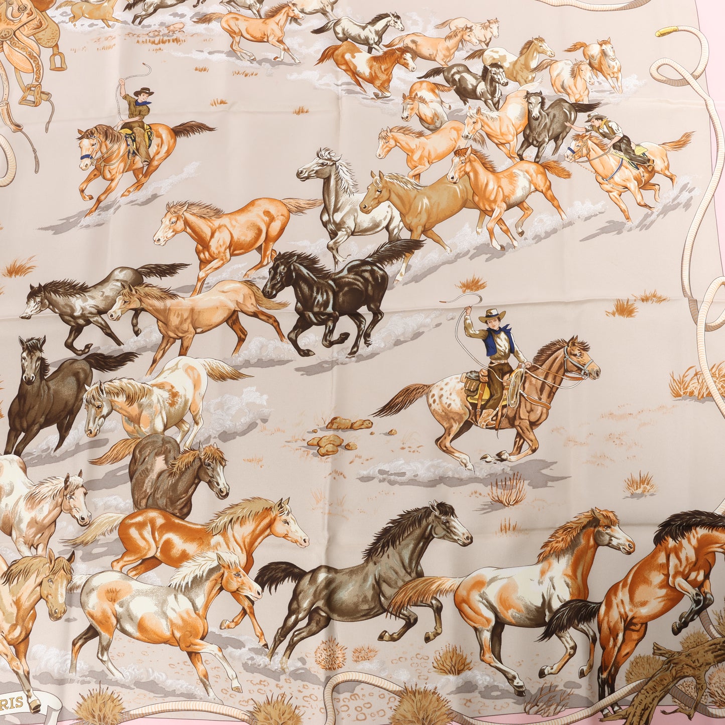 Hermès Carré 90 "Les Mustangs" 100% Silk Scarf in Pink
