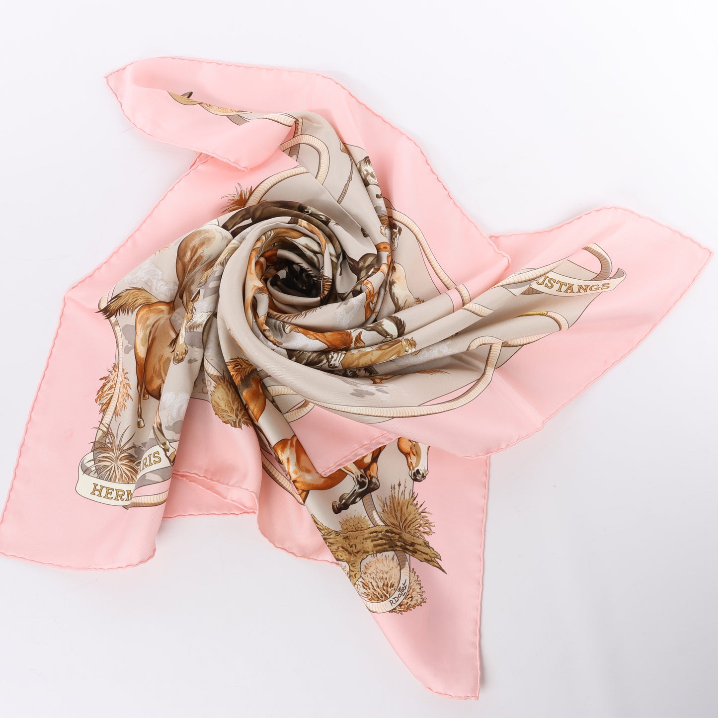 Hermès Carré 90 "Les Mustangs" 100% Silk Scarf in Pink