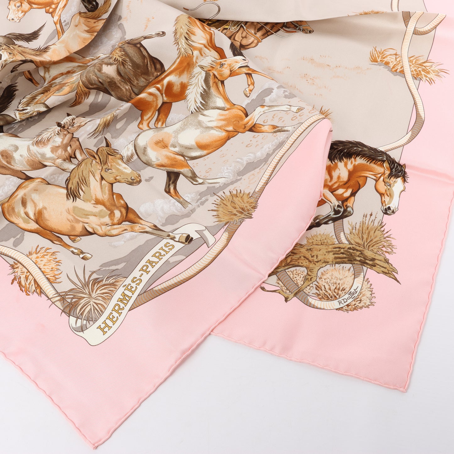 Hermès Carré 90 "Les Mustangs" 100% Silk Scarf in Pink