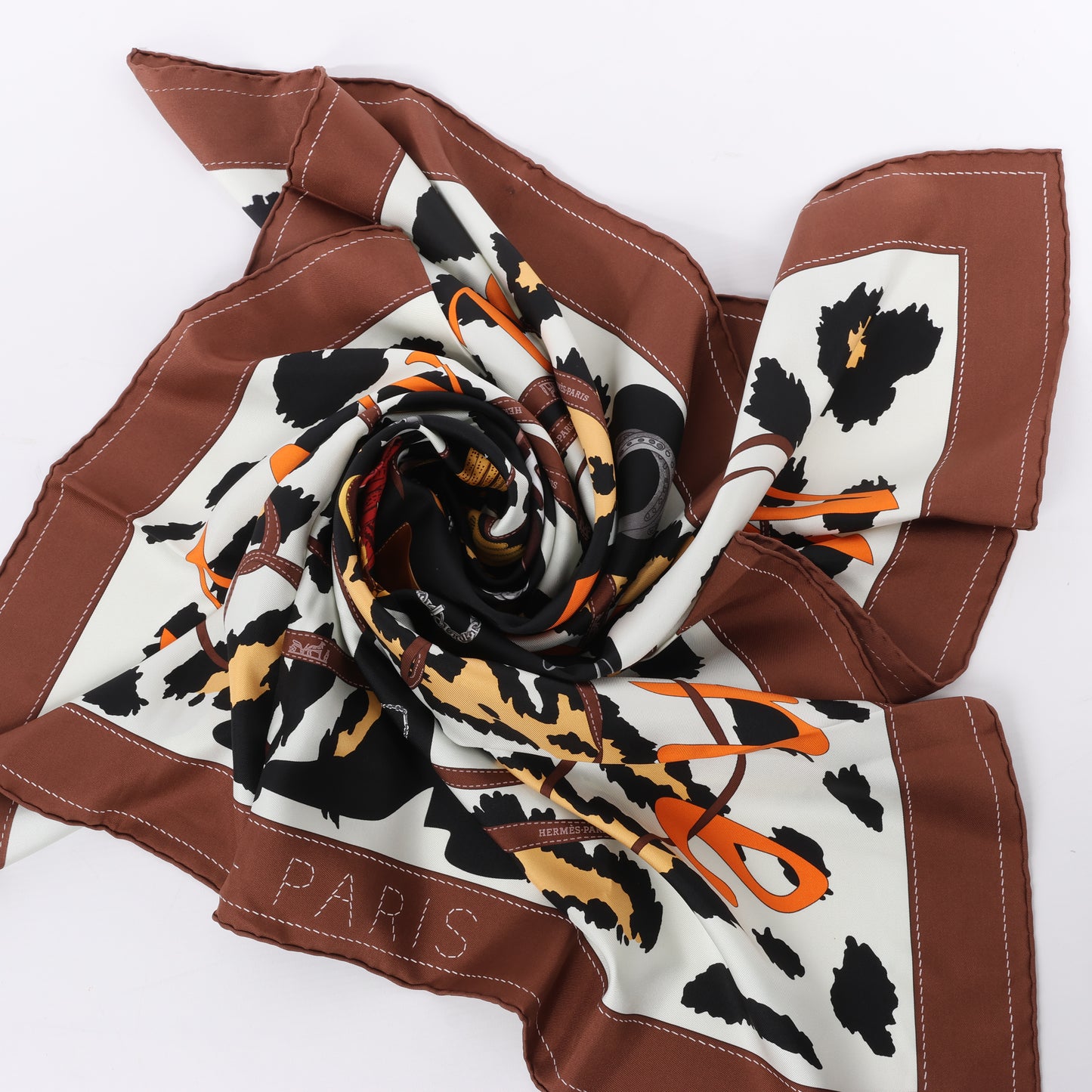 Hermès Carré 90 "Monsieur et Madame" 100% Silk Scarf in Brown