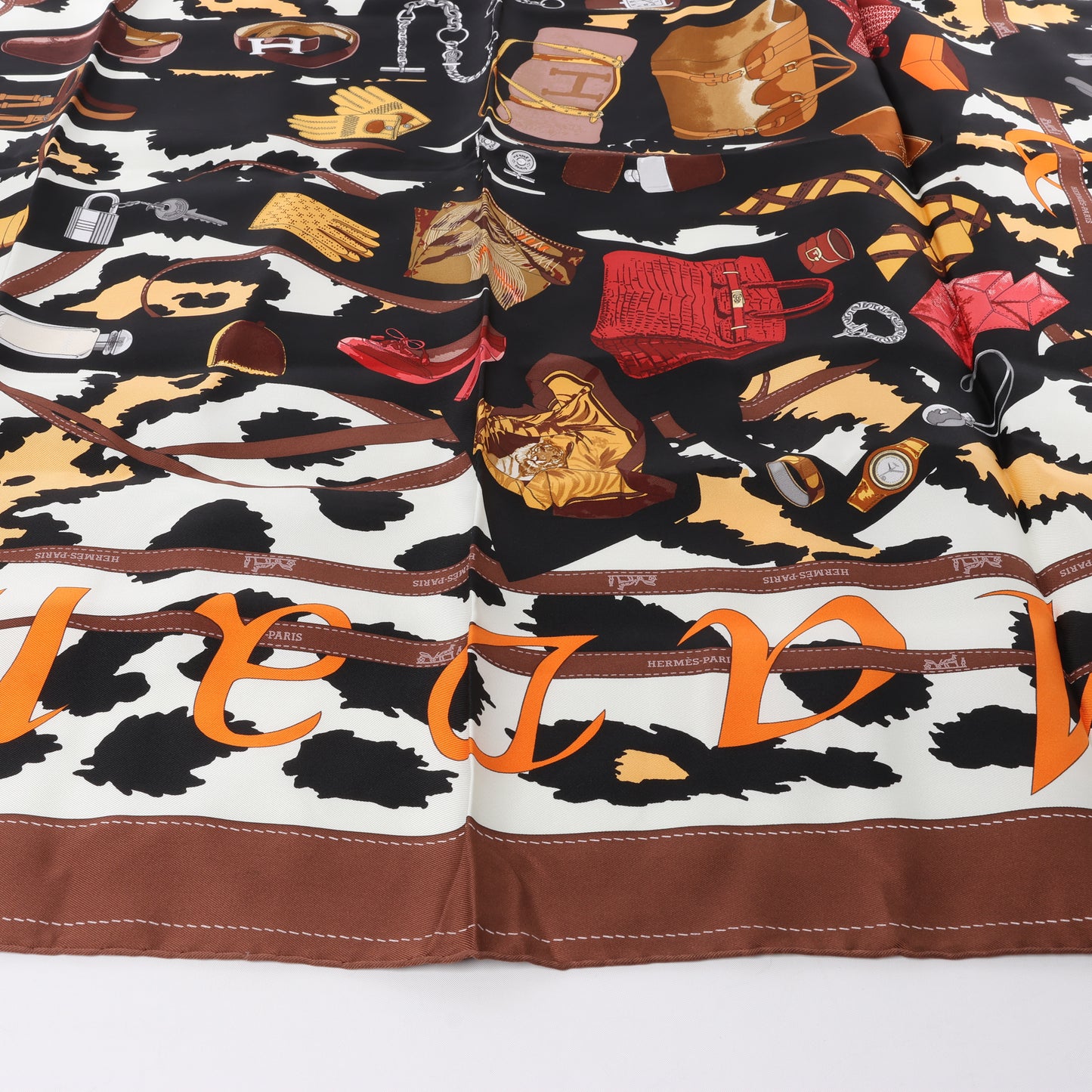 Hermès Carré 90 "Monsieur et Madame" 100% Silk Scarf in Brown