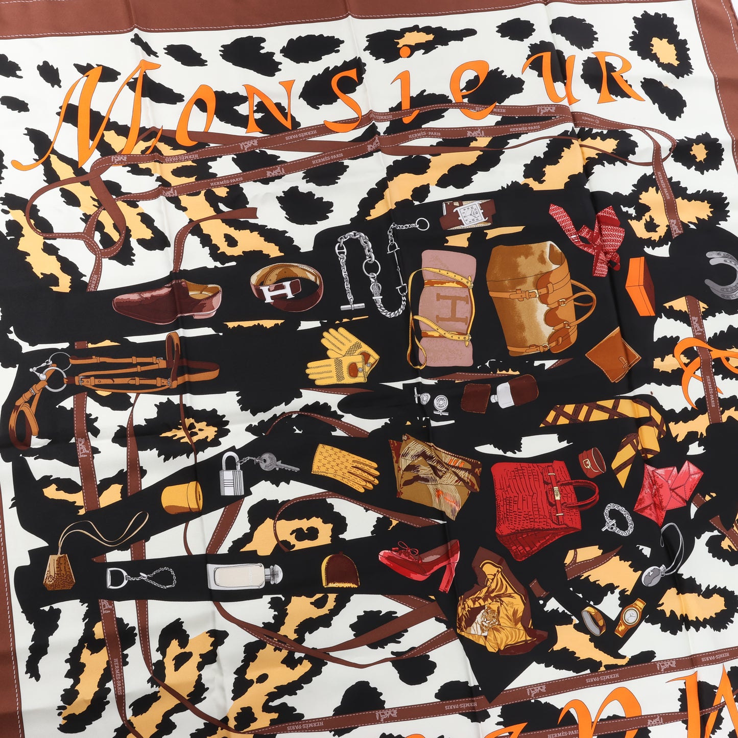 Hermès Carré 90 "Monsieur et Madame" 100% Silk Scarf in Brown
