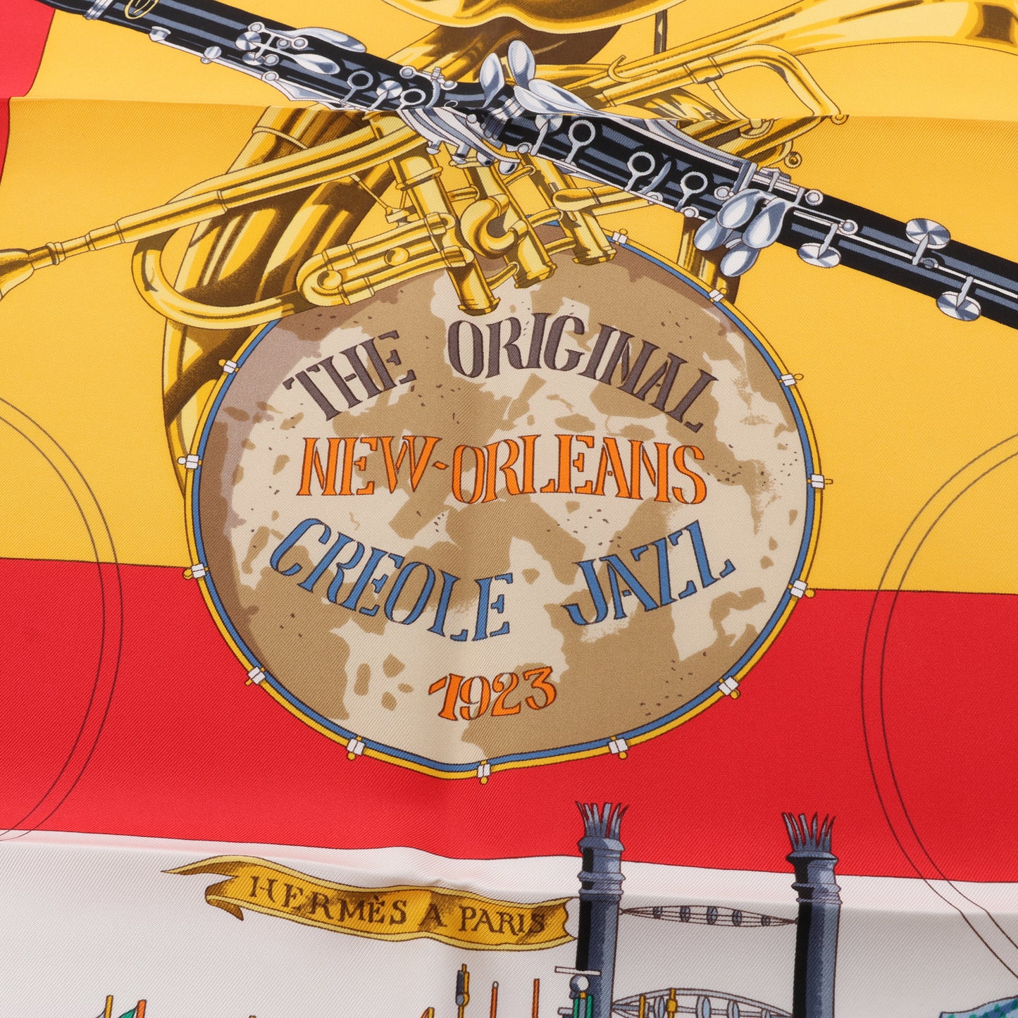 Hermès Carré 90 "New Orleans Creole Jazz" 100% Silk Scarf in Orange