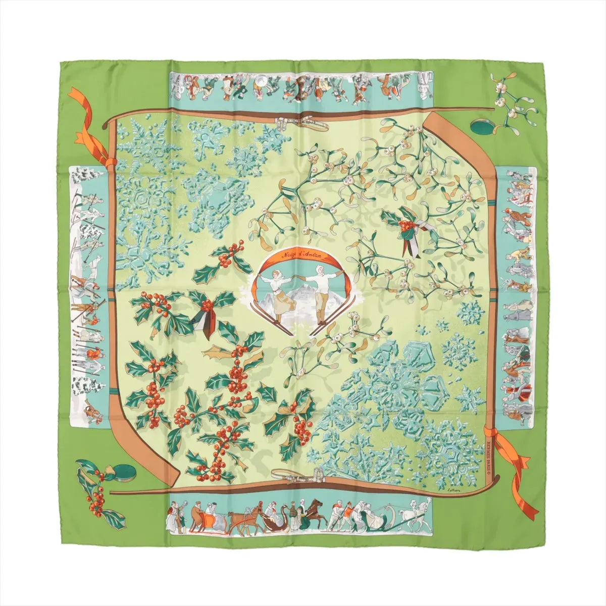 Hermès Carré 90 "Neige d'Antan" Silk Scarf in green, featuring a central design of holly leaves, red berries, mistletoe, and blue snowflakes, bordered with winter-themed illustrations of skiers, sleighs, and festive figures on a green frame.