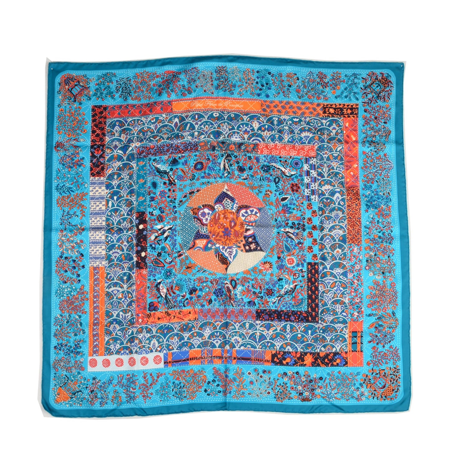 Hermès Carré 90 "Pique Fleuri de Provence" 100% Silk Scarf in Blue