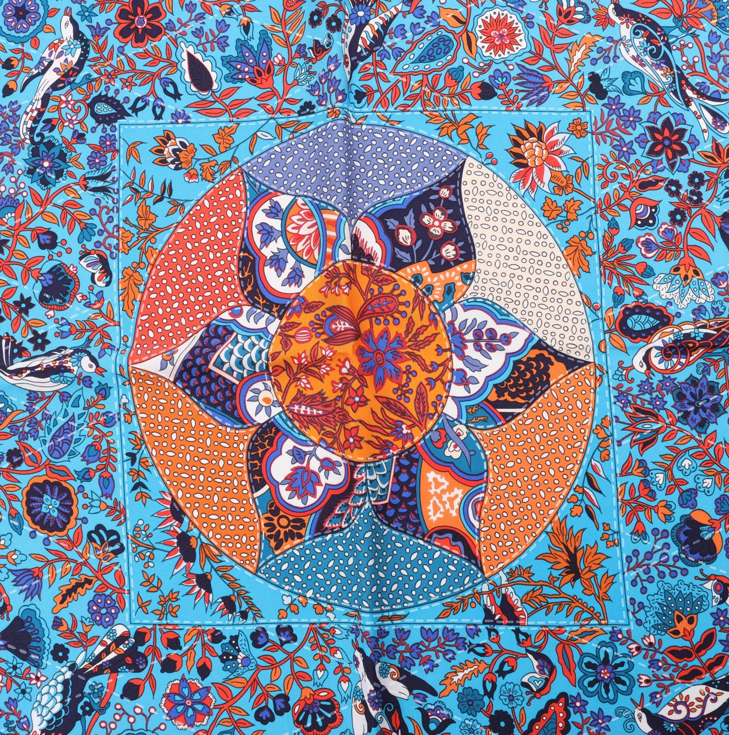 Hermès Carré 90 "Pique Fleuri de Provence" 100% Silk Scarf in Blue