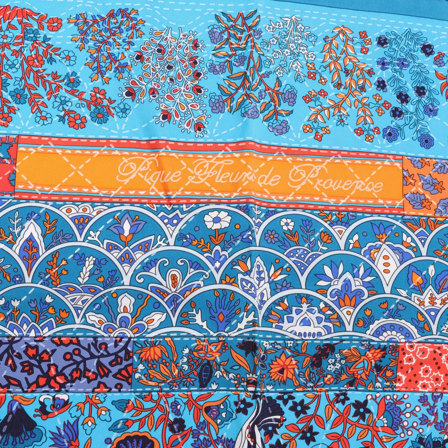 Hermès Carré 90 "Pique Fleuri de Provence" 100% Silk Scarf in Blue