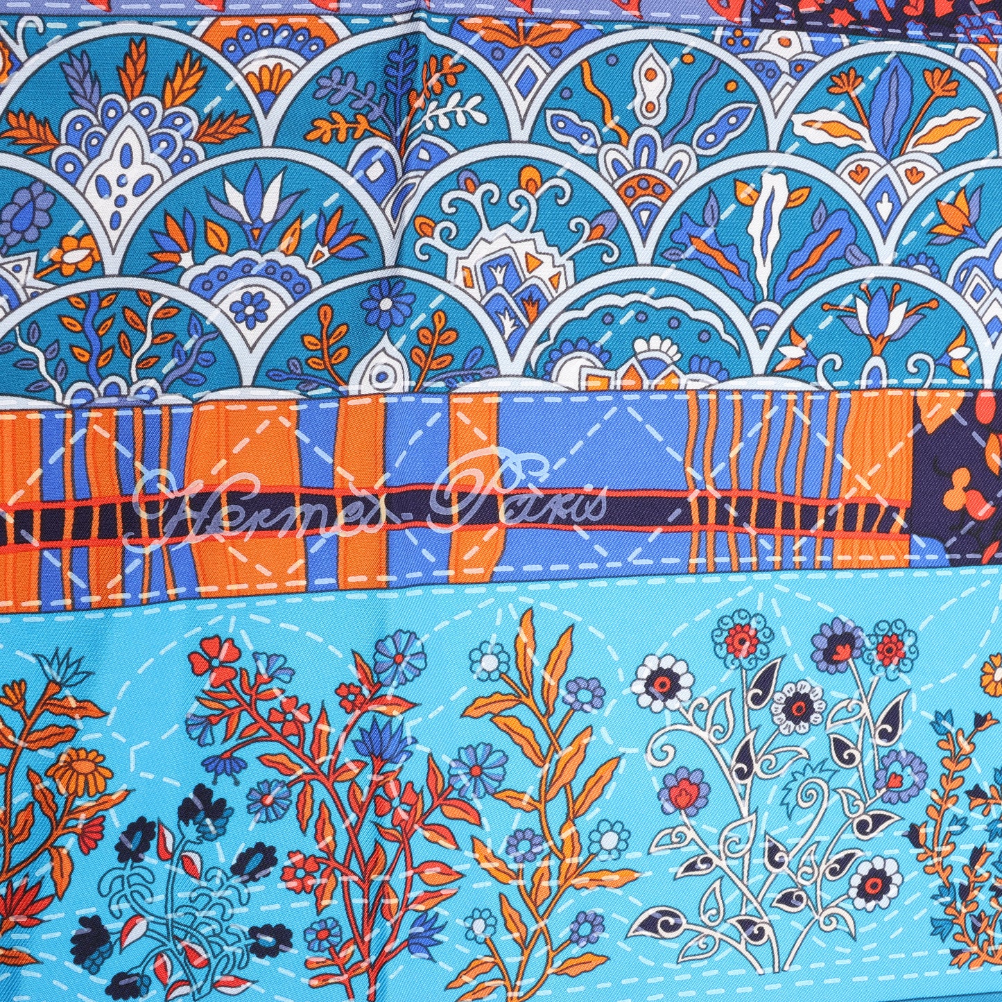 Hermès Carré 90 "Pique Fleuri de Provence" 100% Silk Scarf in Blue