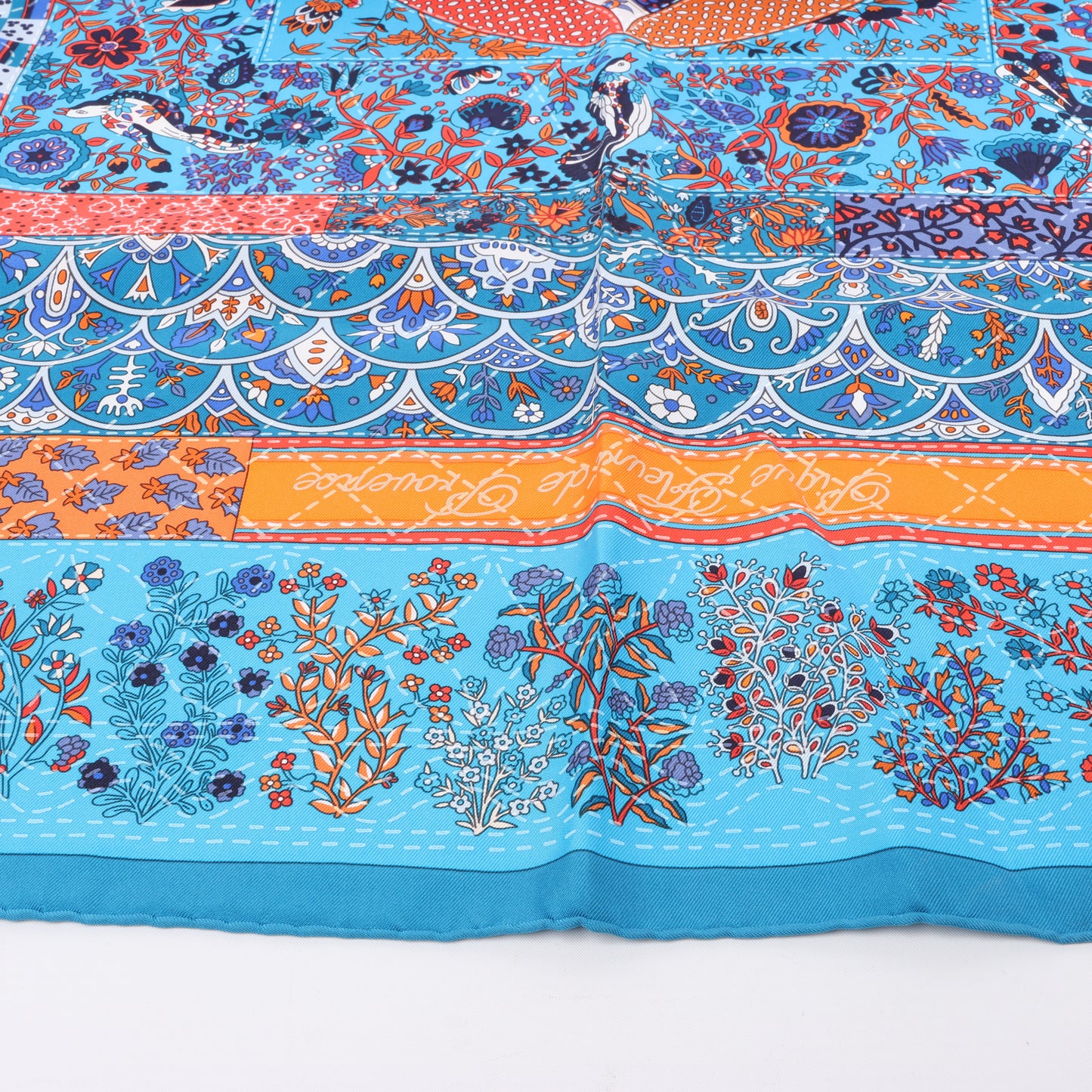 Hermès Carré 90 "Pique Fleuri de Provence" 100% Silk Scarf in Blue