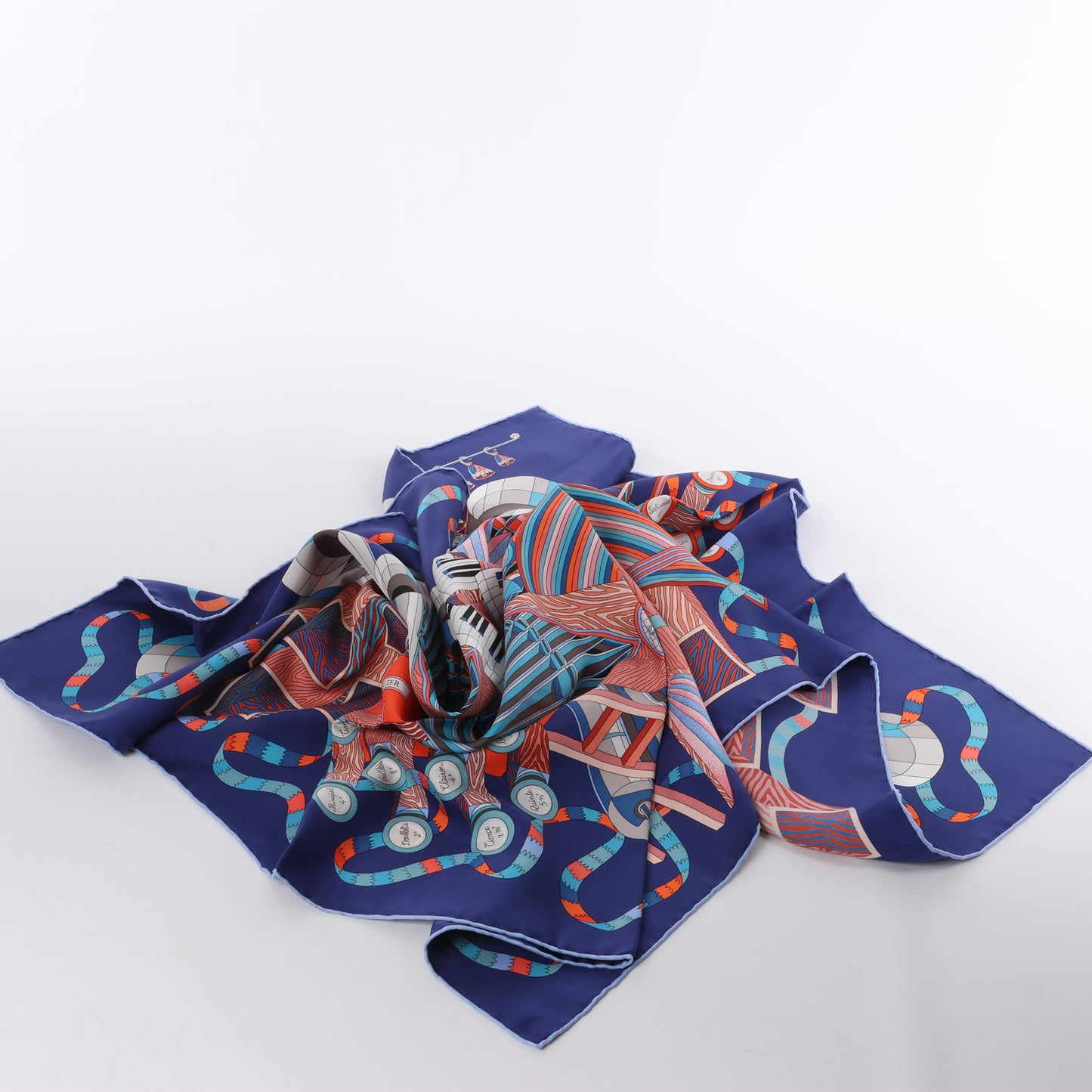 Hermès Carré 90 "Point D'ORGUE Fermata" 100% Silk Scarf in Blue