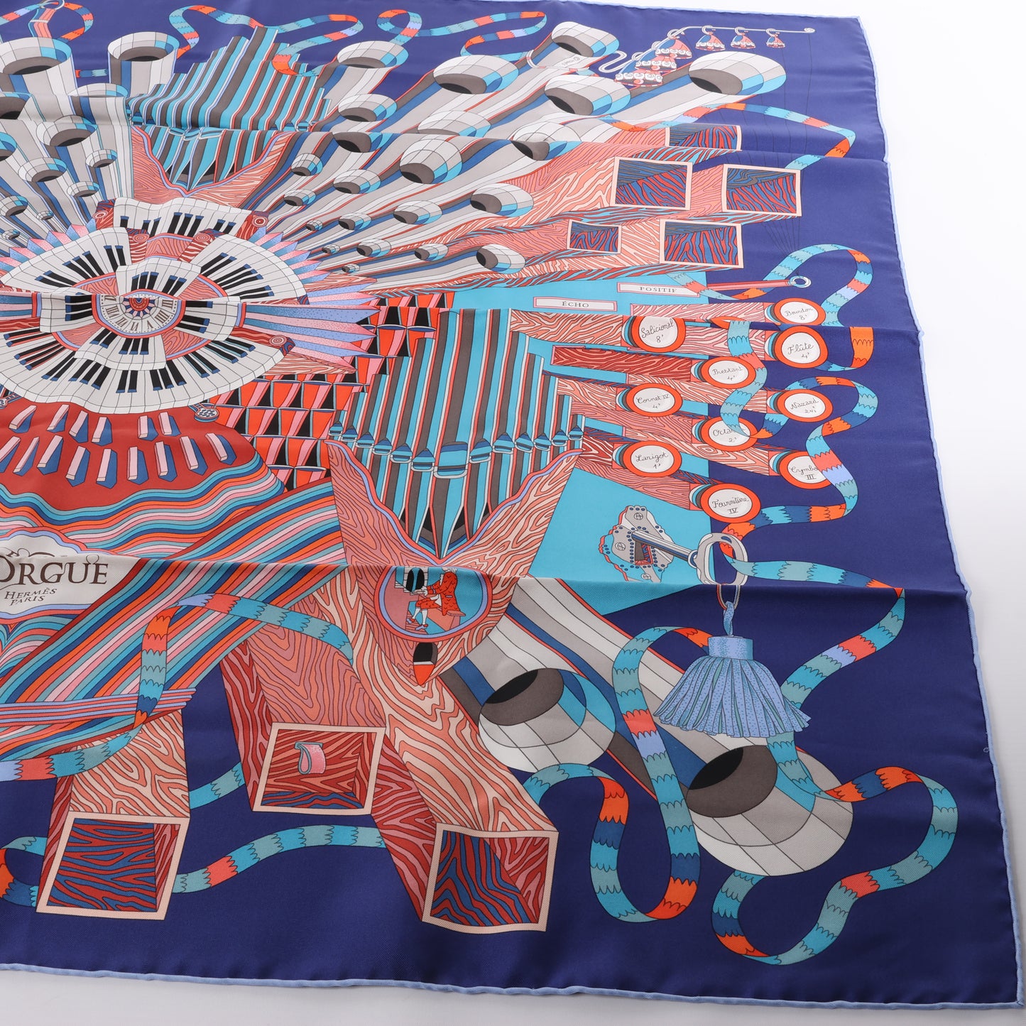 Hermès Carré 90 "Point D'ORGUE Fermata" 100% Silk Scarf in Blue