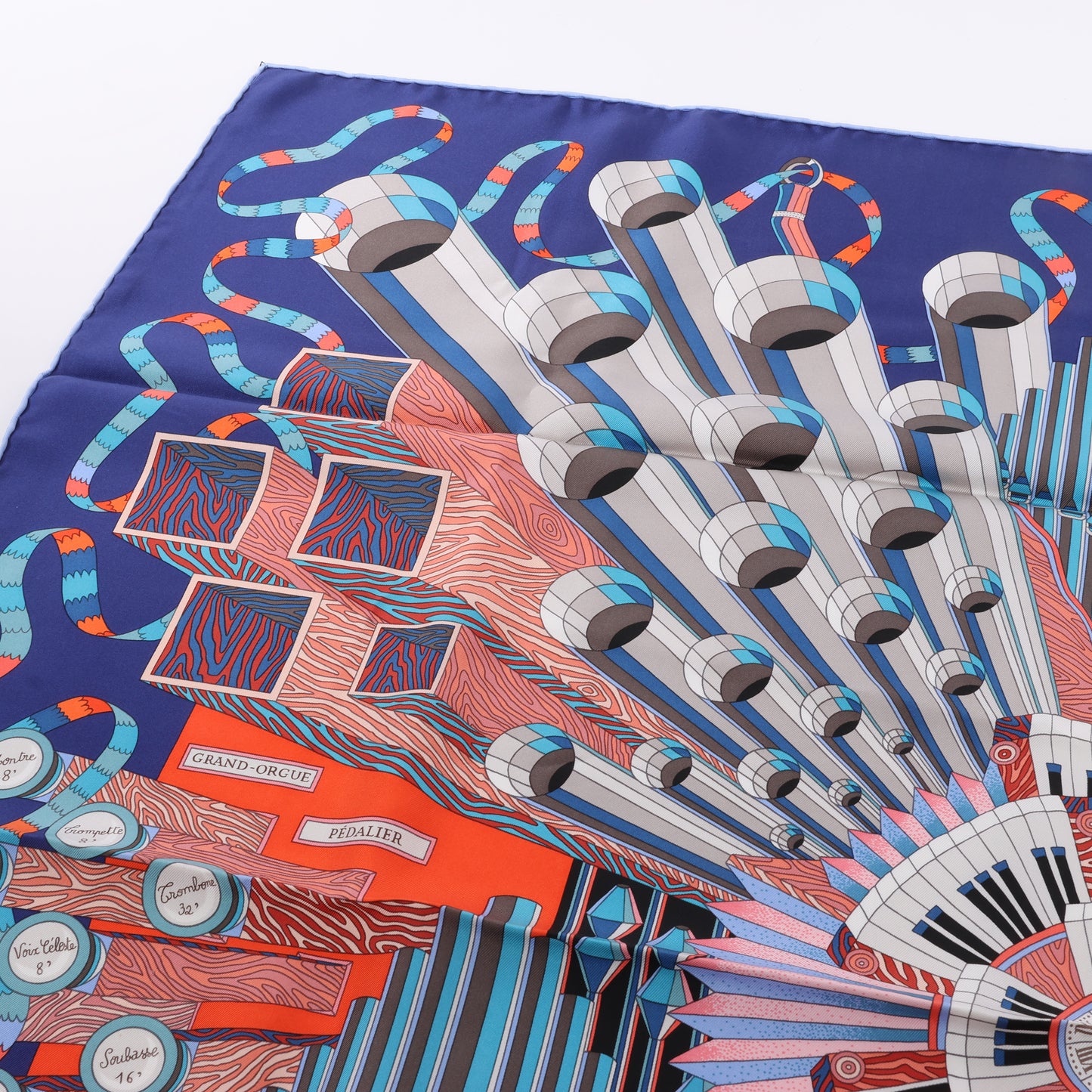 Hermès Carré 90 "Point D'ORGUE Fermata" 100% Silk Scarf in Blue