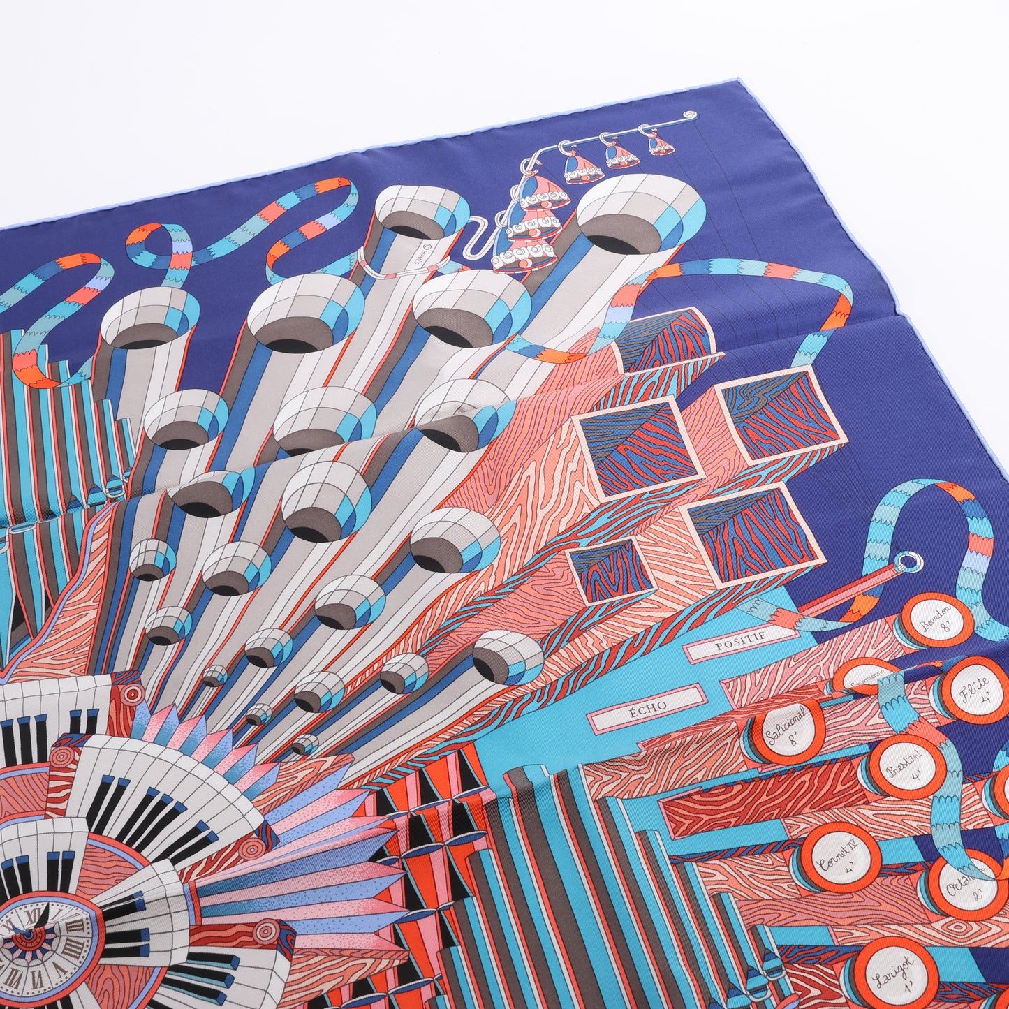 Hermès Carré 90 "Point D'ORGUE Fermata" 100% Silk Scarf in Blue