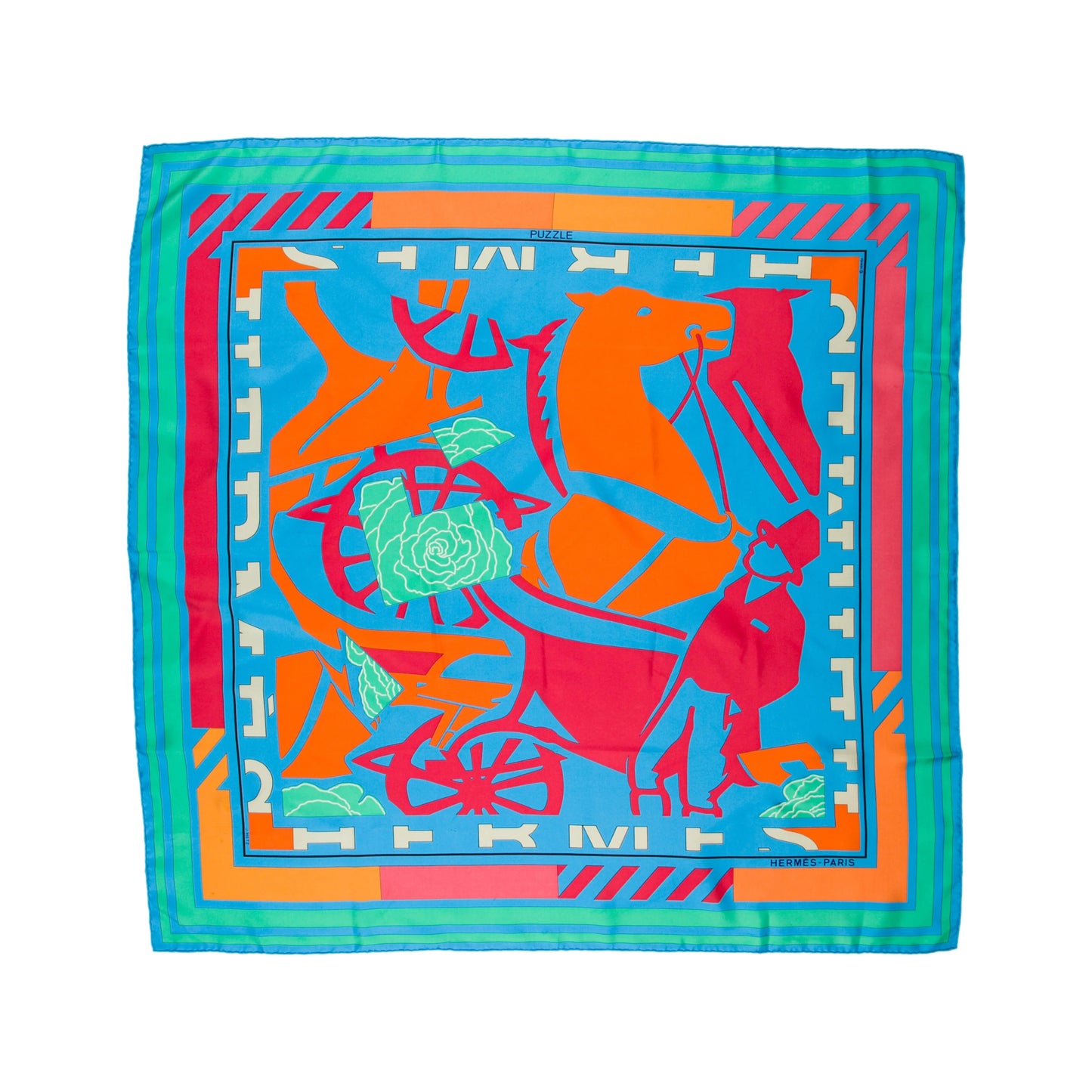 Hermès Carré 90 "Puzzle" 100% Silk Scarf in Blue