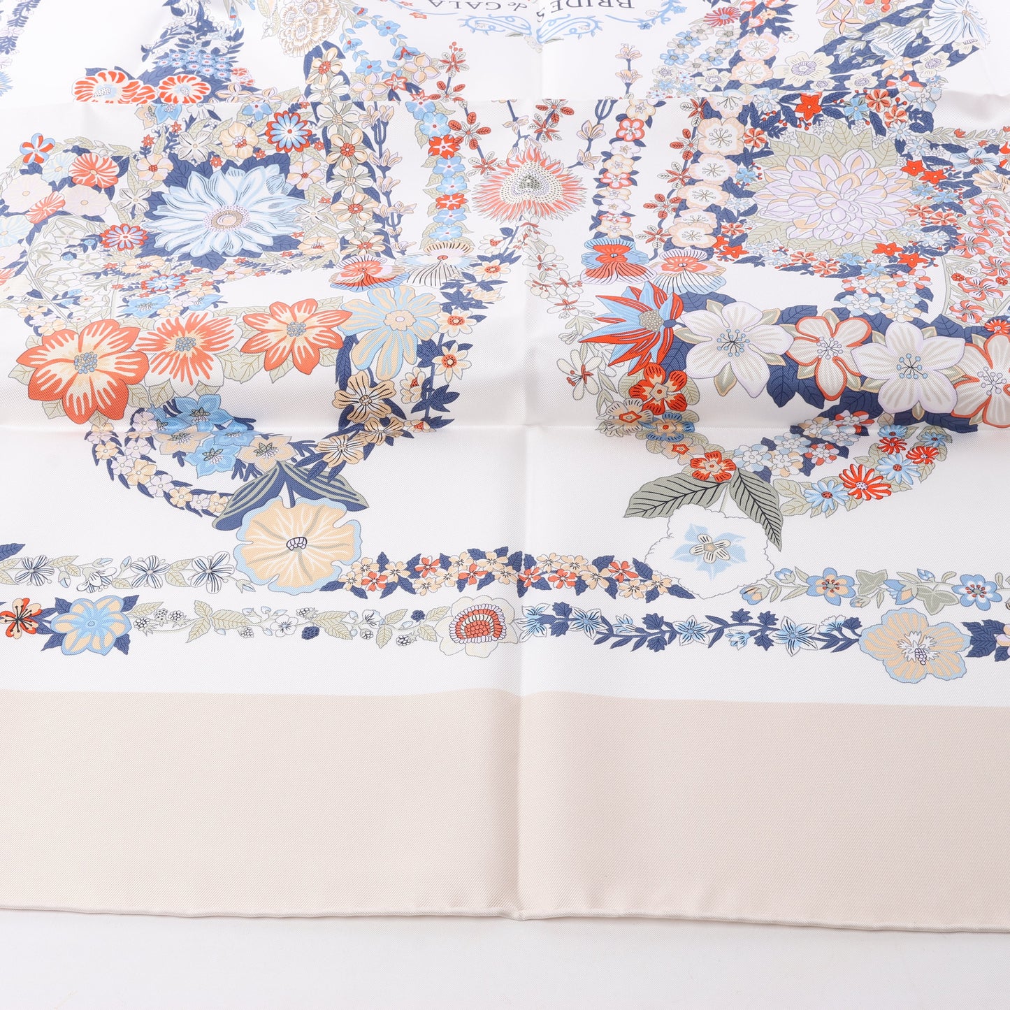 Hermès Carré 90 "RIDES DE GALA EN FLEURS" 100% Silk Scarf in Beige