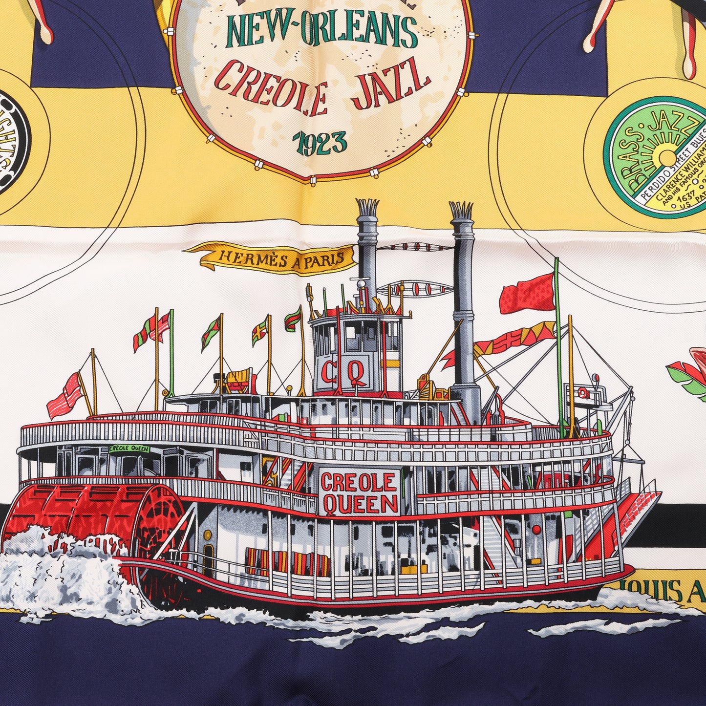 Hermès Carré 90 „THE ORIGINAL NEW ORLEANS CREOLE JAZZ 1923“ Schal aus 100 % Seide in Marineblau