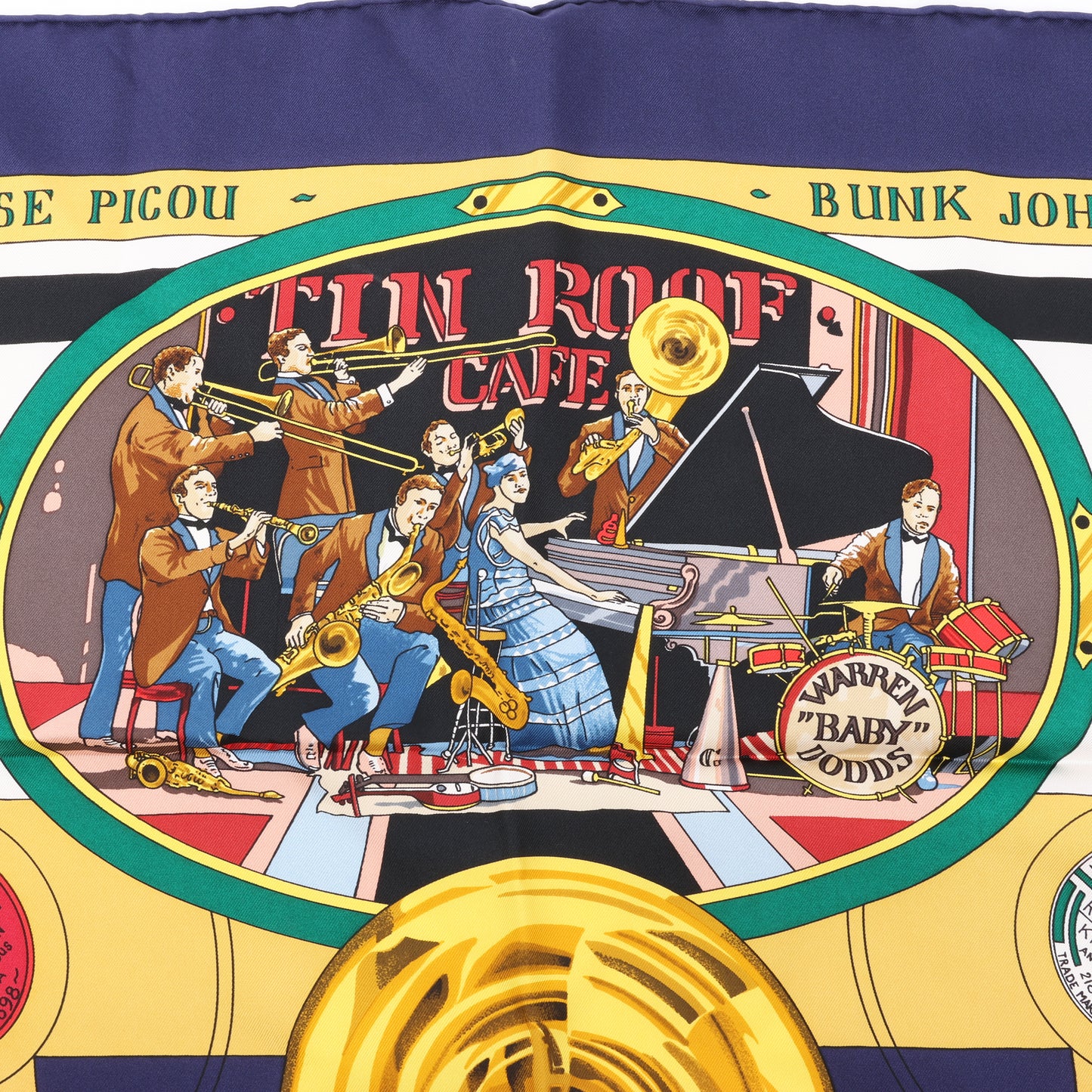 Hermès Carré 90 „THE ORIGINAL NEW ORLEANS CREOLE JAZZ 1923“ Schal aus 100 % Seide in Marineblau