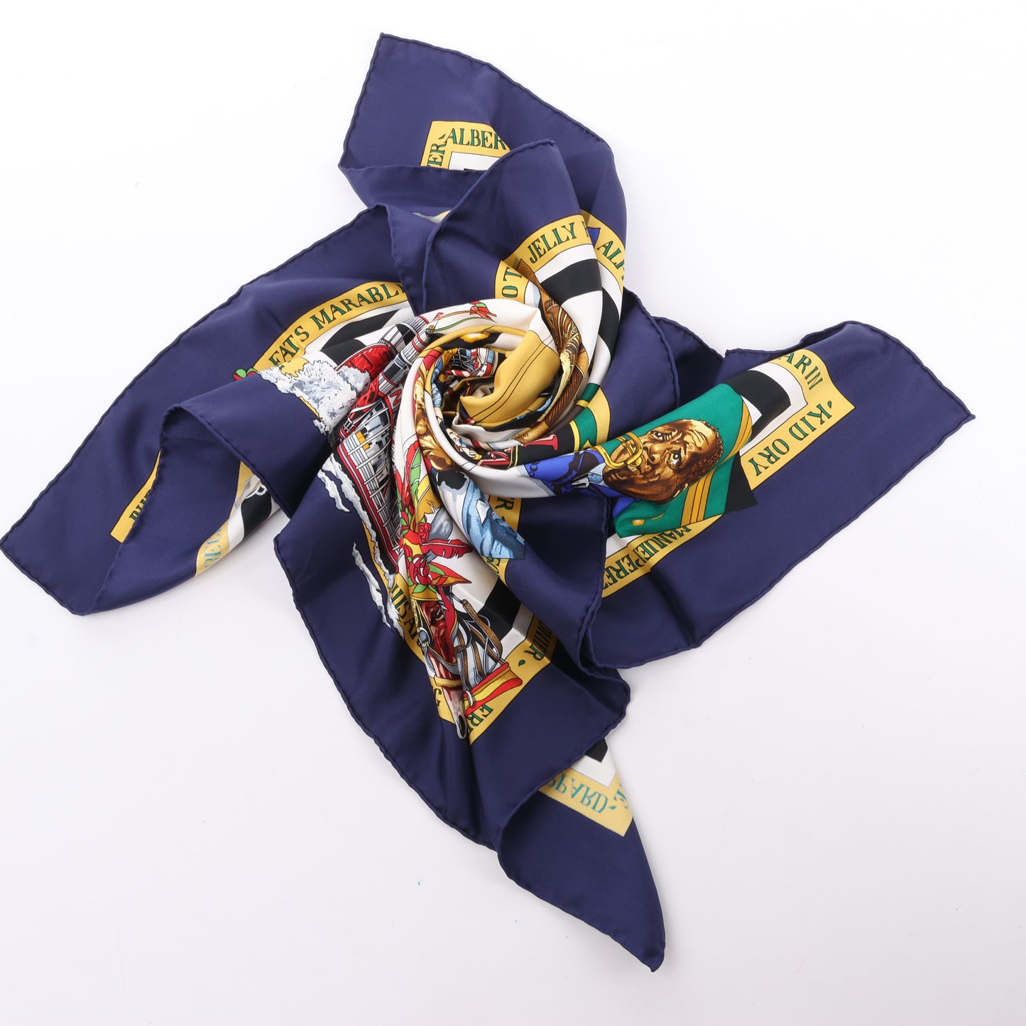 Hermès Carré 90 „THE ORIGINAL NEW ORLEANS CREOLE JAZZ 1923“ Schal aus 100 % Seide in Marineblau