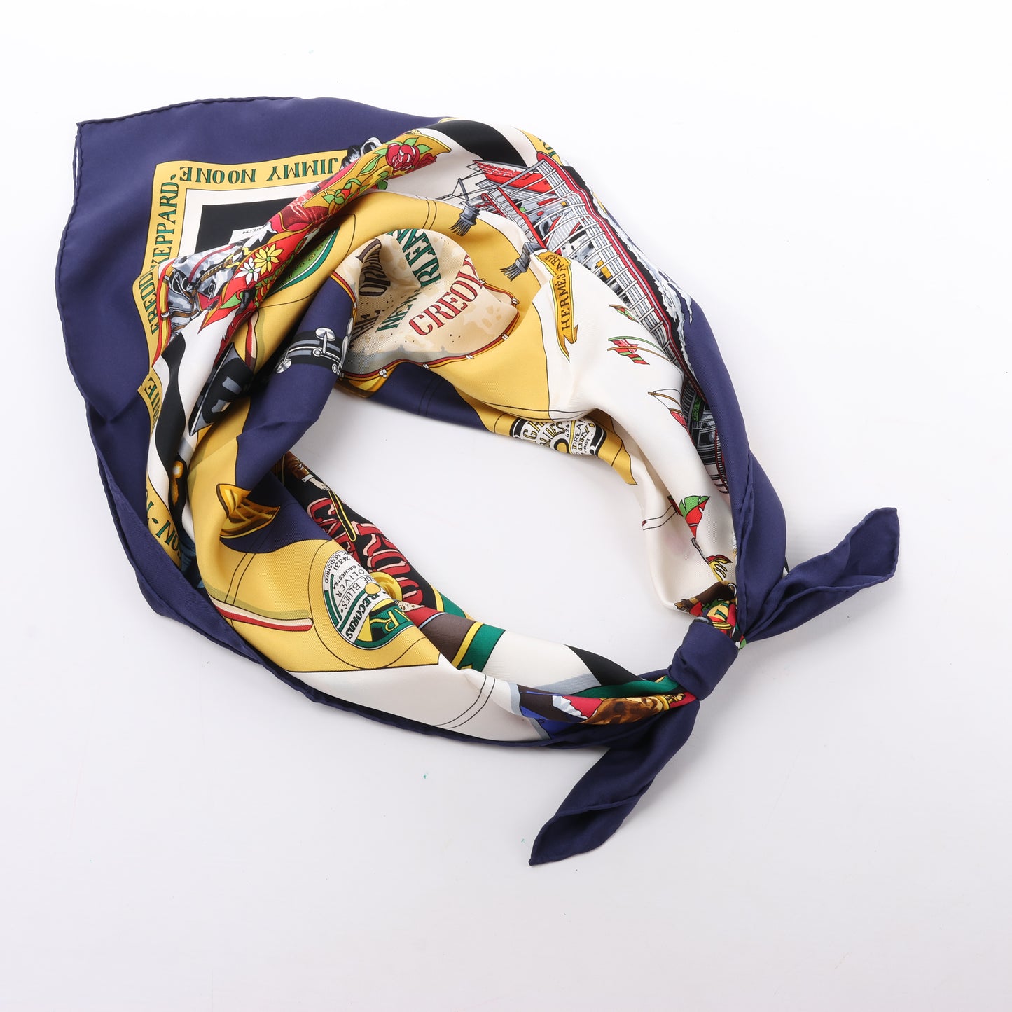 Hermès Carré 90 „THE ORIGINAL NEW ORLEANS CREOLE JAZZ 1923“ Schal aus 100 % Seide in Marineblau