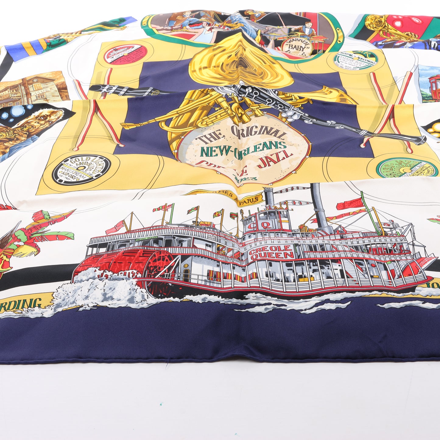 Hermès Carré 90 „THE ORIGINAL NEW ORLEANS CREOLE JAZZ 1923“ Schal aus 100 % Seide in Marineblau