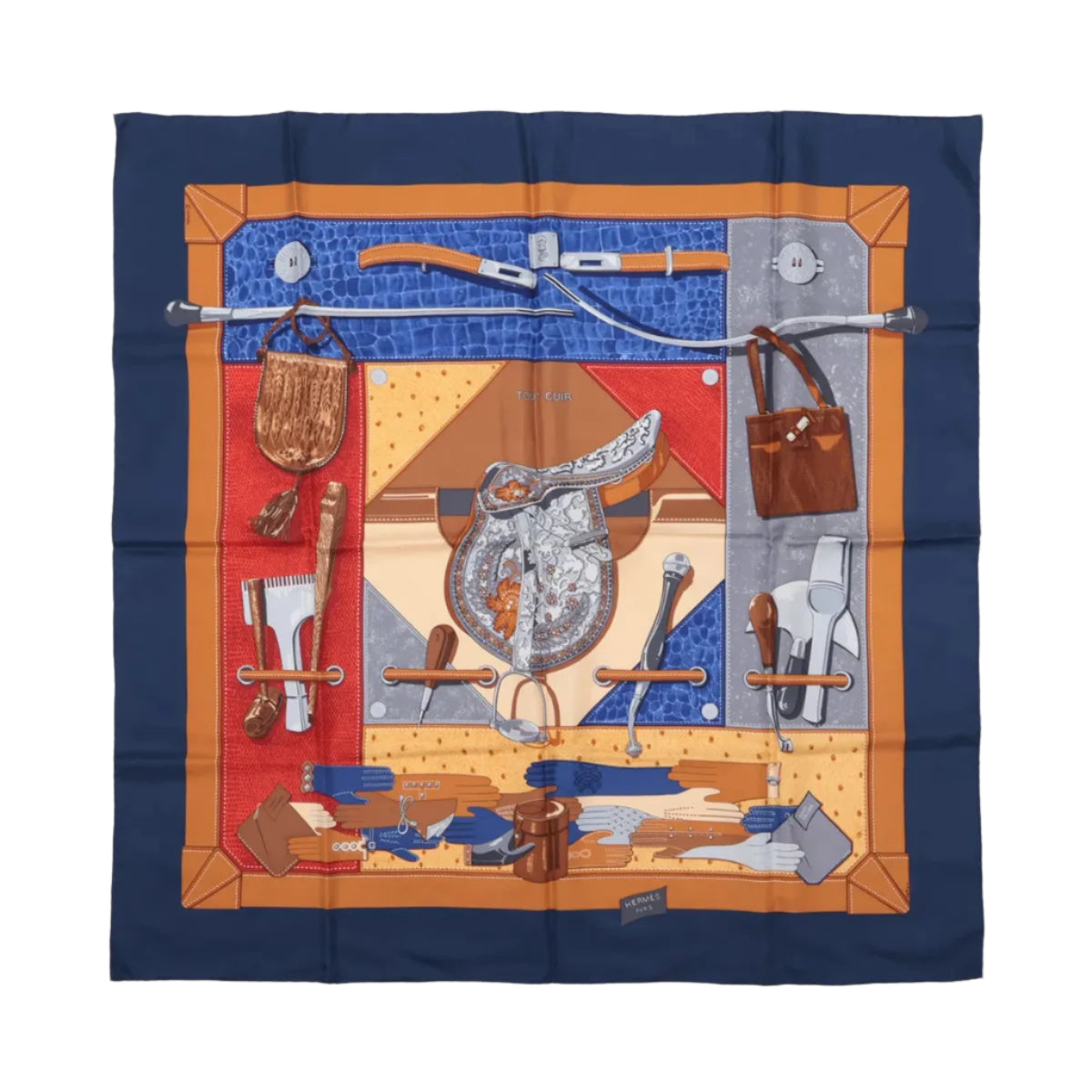 Hermès Carré 90 „TOUT CUIR“ Schal aus 100 % Seide in Marineblau