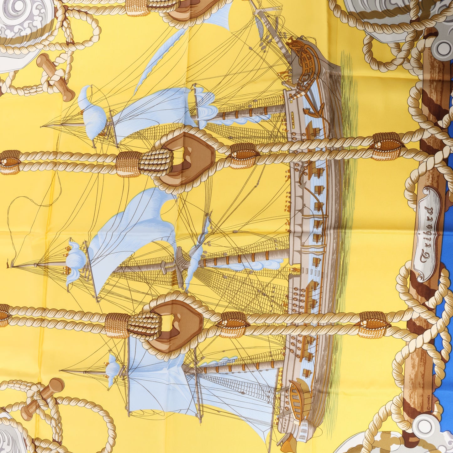 Hermès Carré 90 "Tribord" 100% Silk Scarf in Yellow and Blue