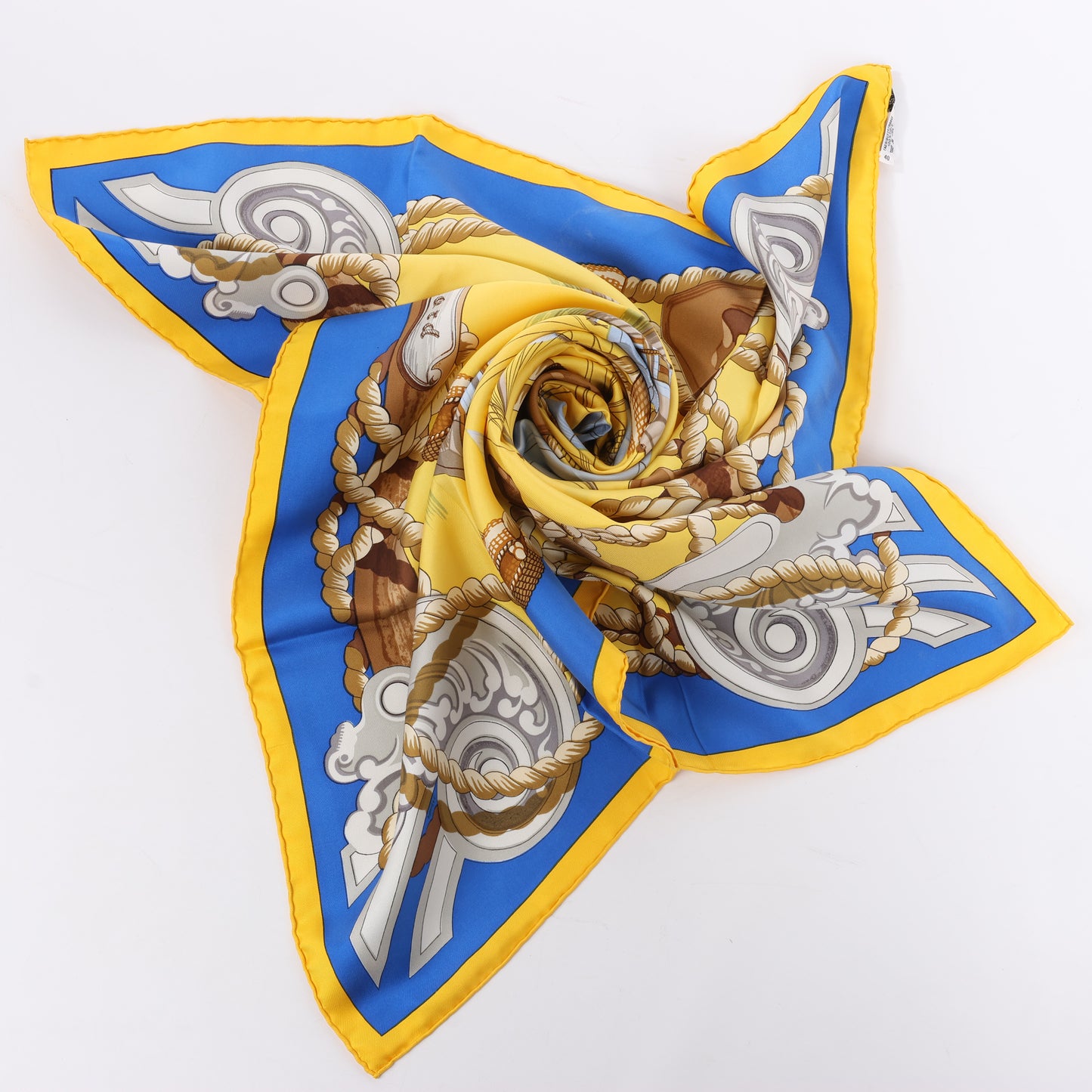 Hermès Carré 90 "Tribord" 100% Silk Scarf in Yellow and Blue