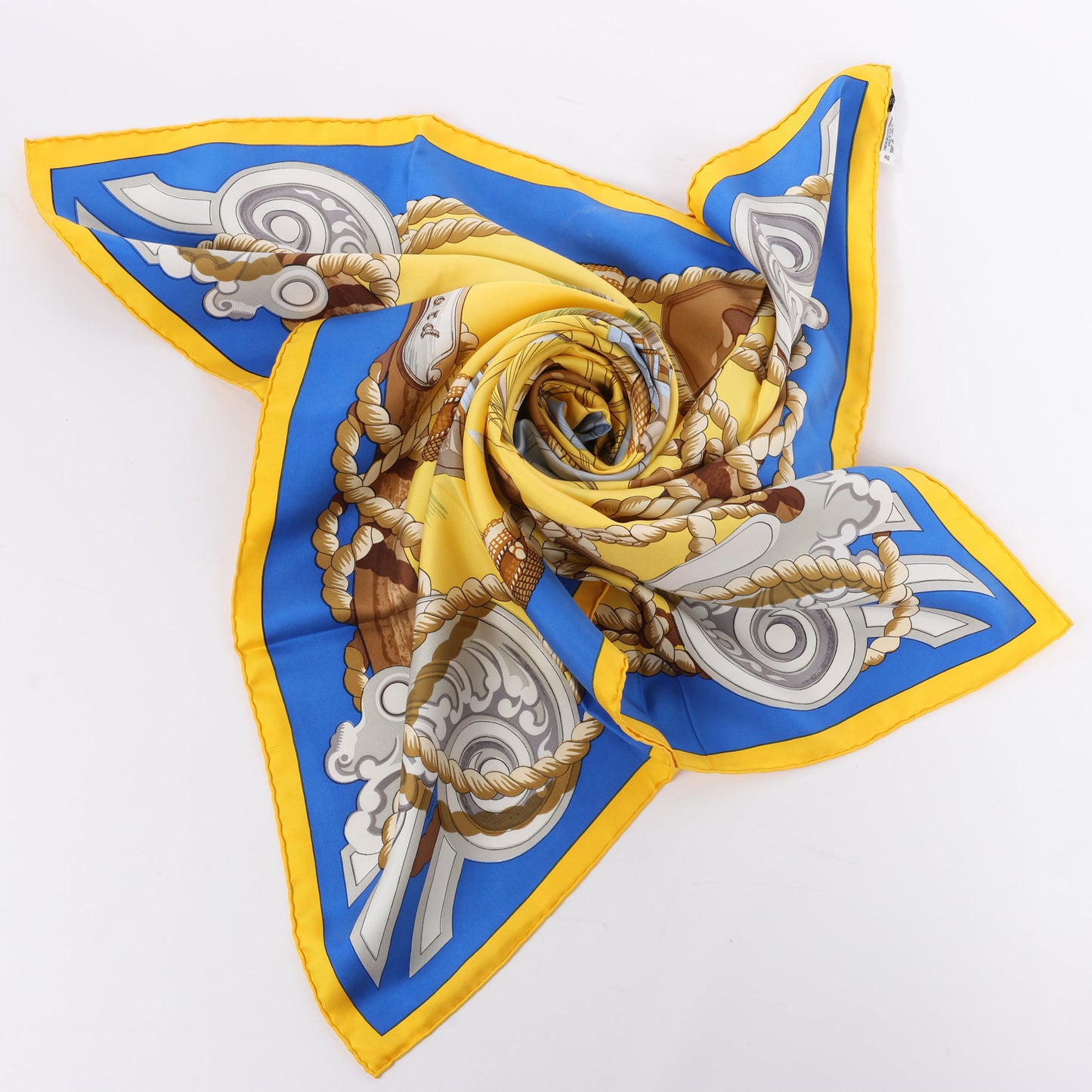 Hermès Carré 90 "Tribord" 100% Silk Scarf in Yellow and Blue