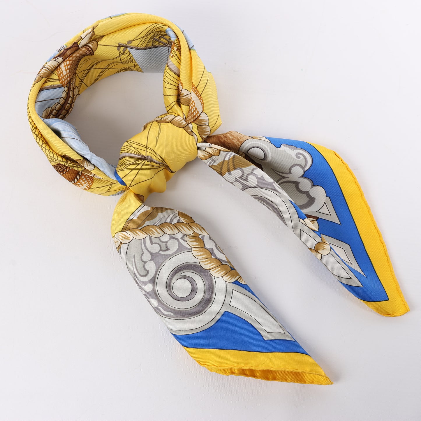 Hermès Carré 90 "Tribord" 100% Silk Scarf in Yellow and Blue