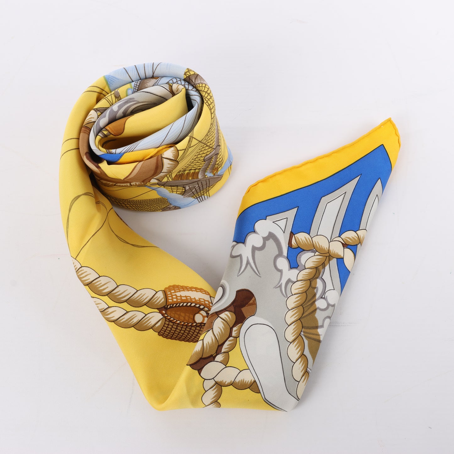 Hermès Carré 90 "Tribord" 100% Silk Scarf in Yellow and Blue