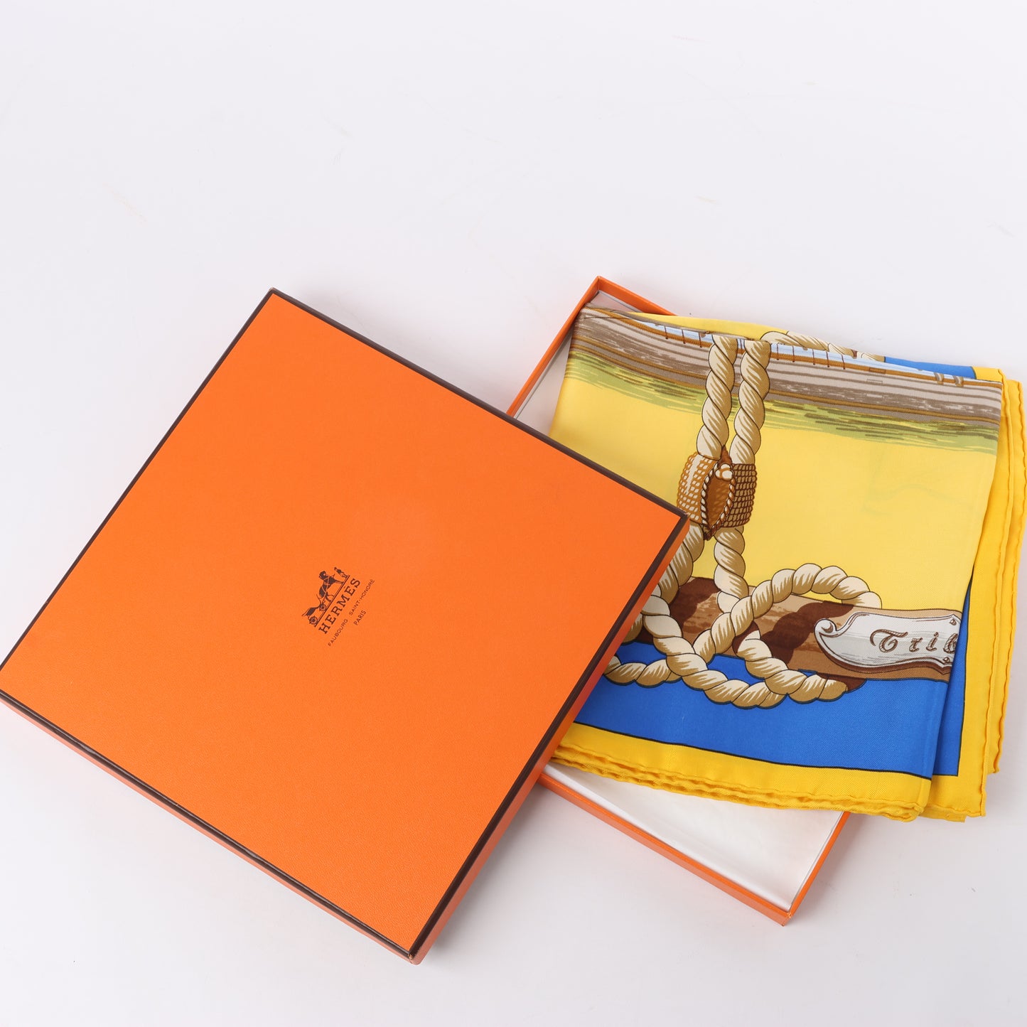 Hermès Carré 90 "Tribord" 100% Silk Scarf in Yellow and Blue
